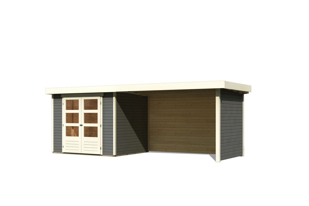 Karibu Gerätehaus Askola 3 in Terragrau und Anbaudach, Freisteller