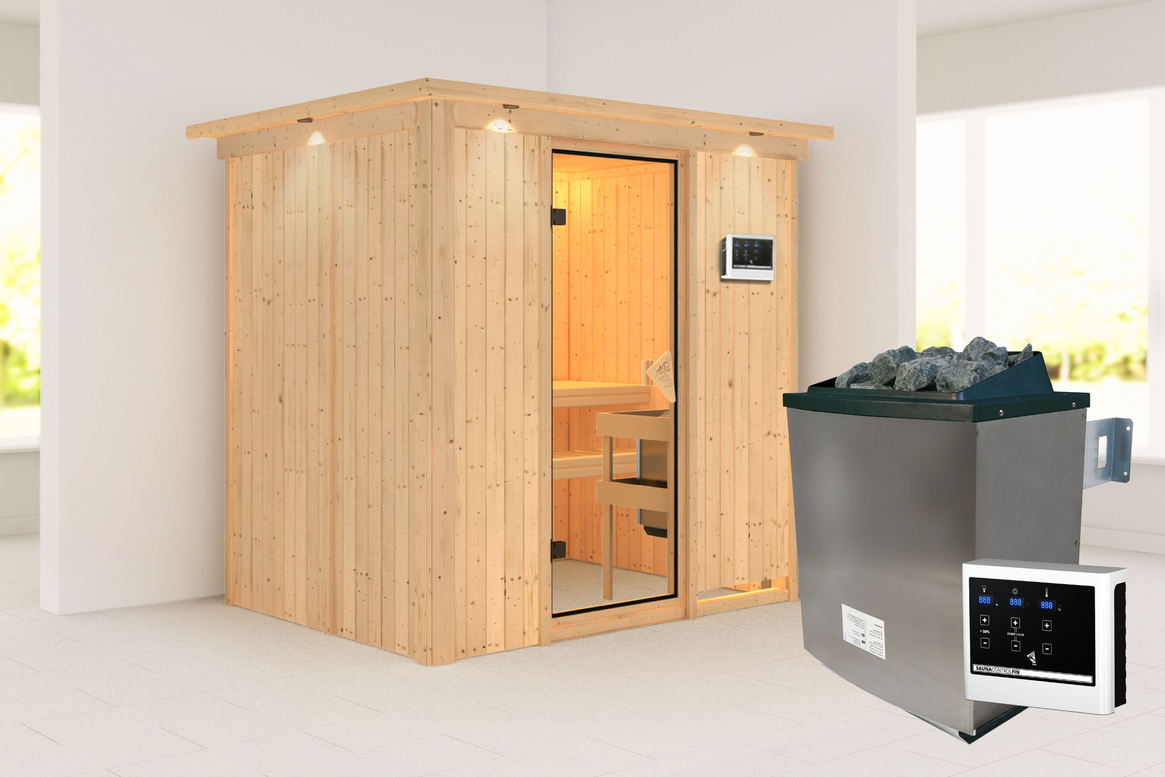 Außenansicht der Karibu Sauna Bodin aus nordischer Fichte mit bronzierter Ganzglastür und Fronteinstieg