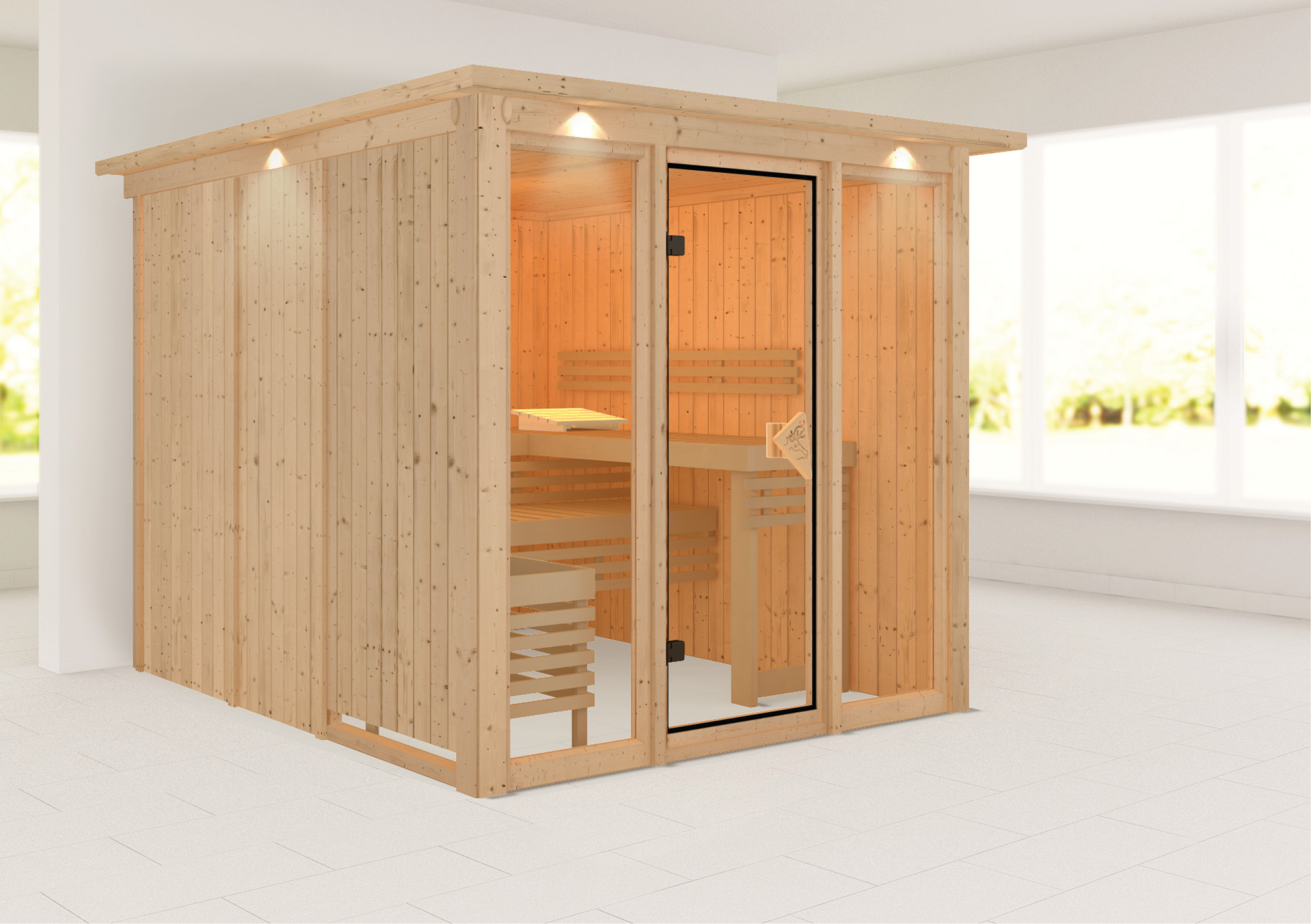 Außenansicht der Karibu Sauna Askja aus nordischer Fichte mit Ganzglastür und Fronteinstieg