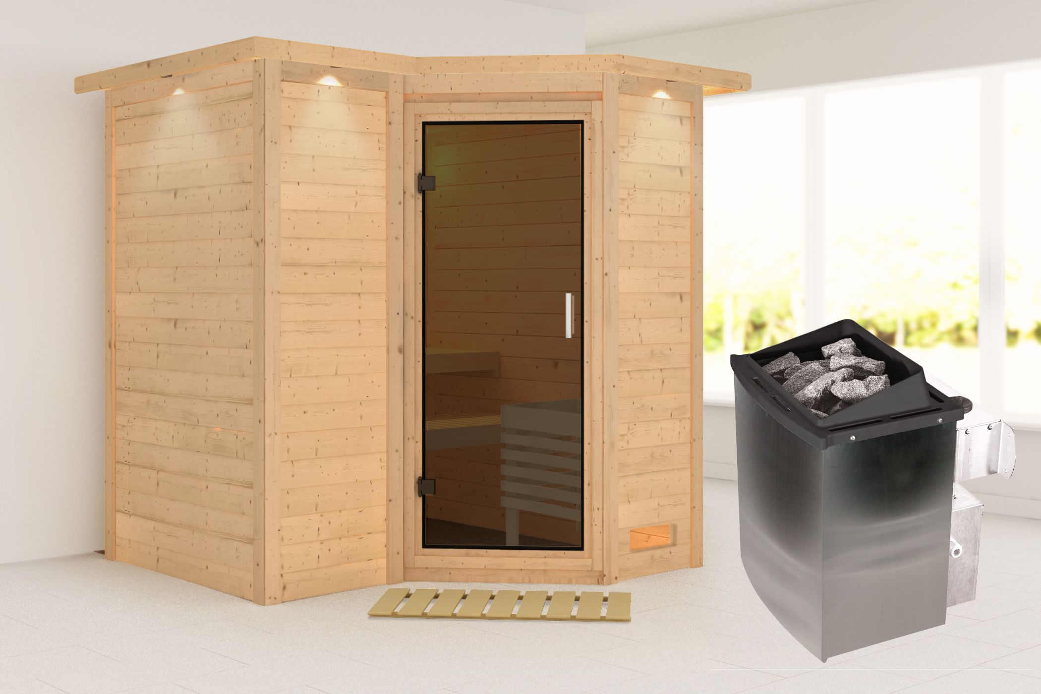 Außenansicht der Karibu Sauna Sahib 1 aus nordischer Fichte mit graphitfarbener Ganzglastür und Fronteinstieg