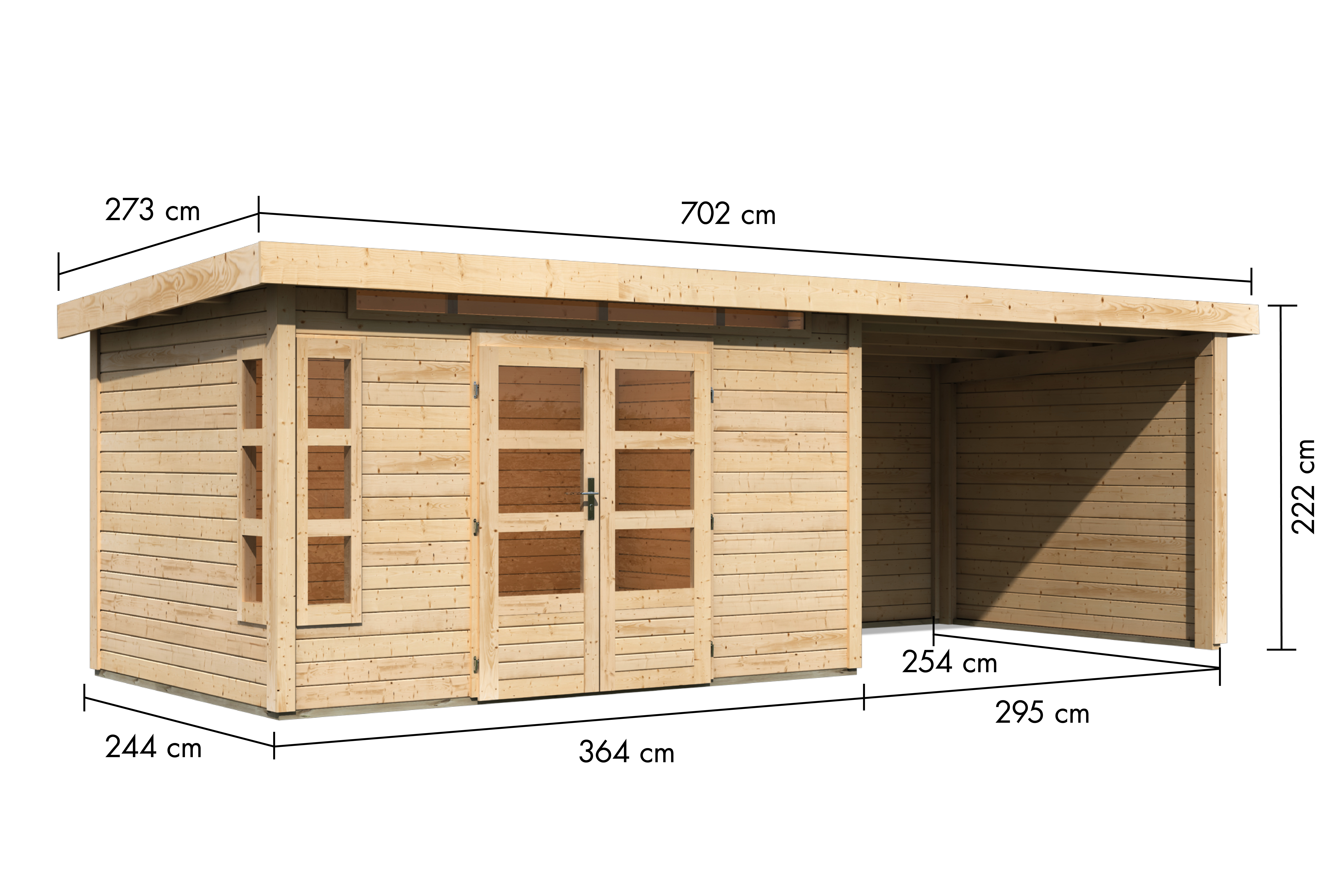 Bemaßte Maßzeichnung des Karibu Gartenhaus Kastorf 7 mit Anbaudach, 702 × 273 cm