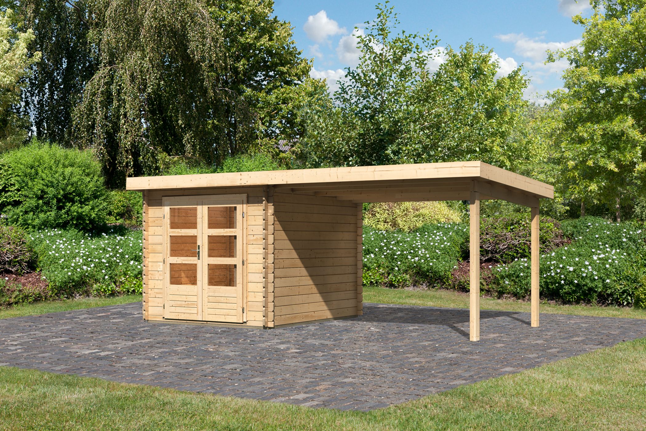 Karibu Gartenhaus Bastrup 4 in Naturbelassen und Anbaudach, Außenansicht