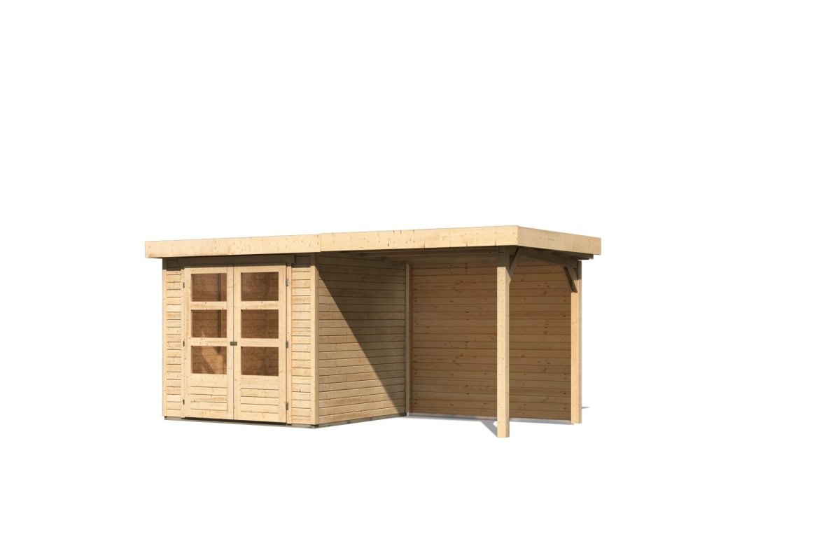 Karibu Gerätehaus Askola 2 in Naturbelassen und Anbaudach, Freisteller