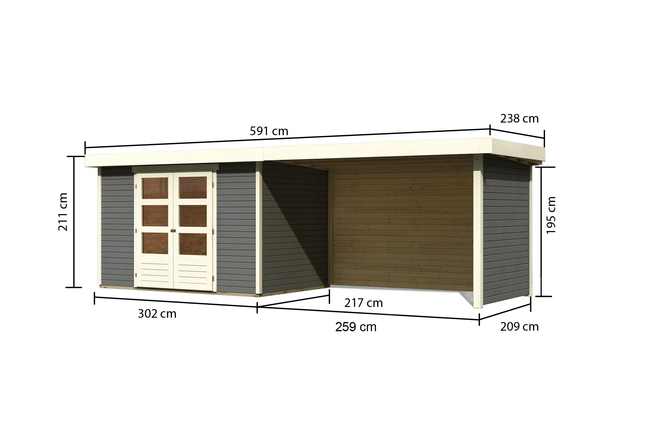 Bemaßte Maßzeichnung des Karibu Gerätehaus Askola 4 mit Anbaudach, 592 × 238 cm