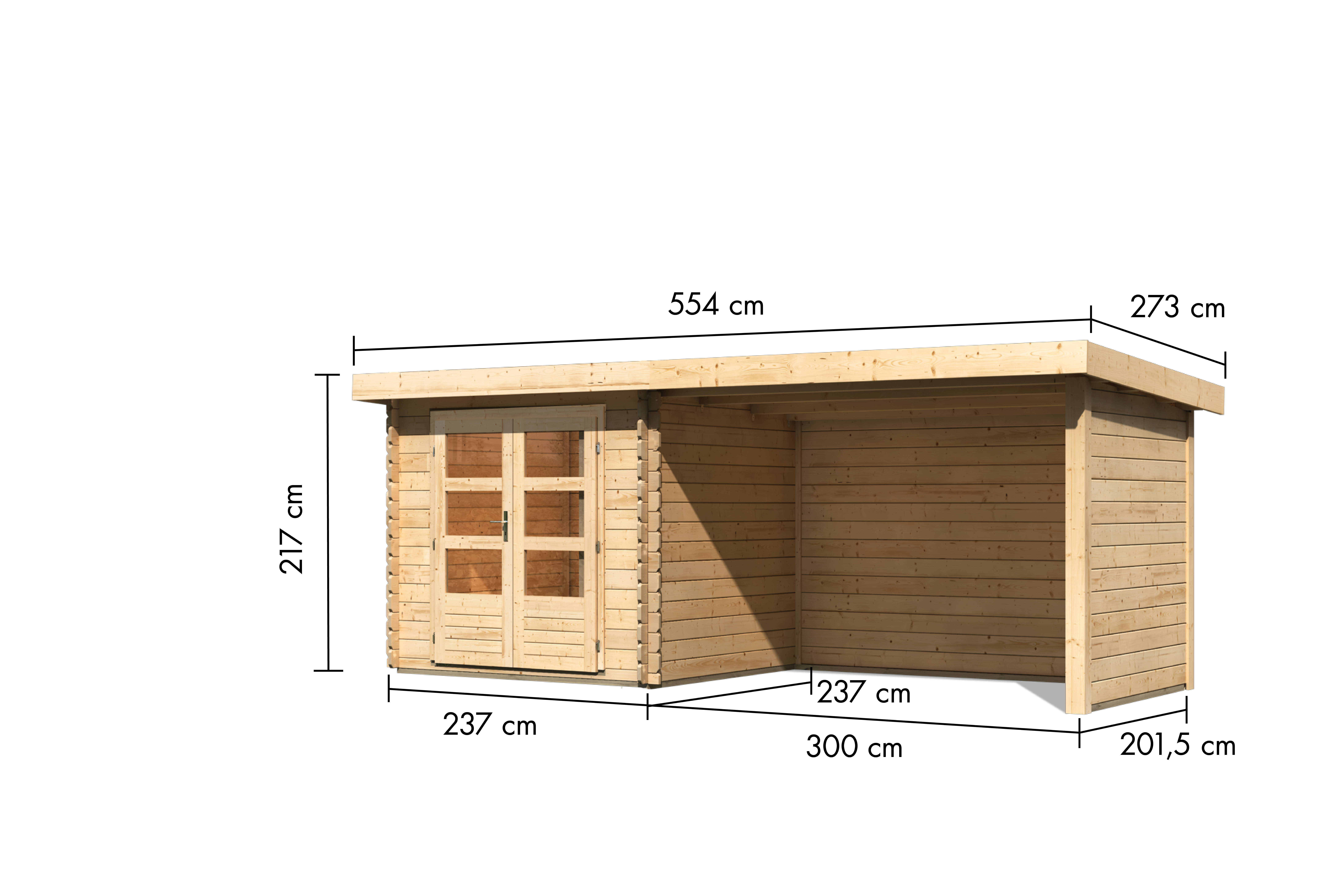 Bemaßte Maßzeichnung des Karibu Gerätehaus Bastrup 2 mit Anbaudach, 554 × 273 cm