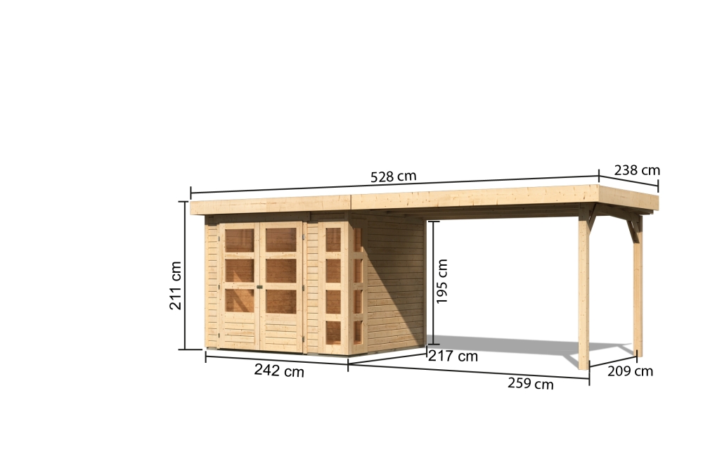 Bemaßte Maßzeichnung des Karibu Gerätehaus Kerko 3 mit Anbaudach, 528 × 238 cm