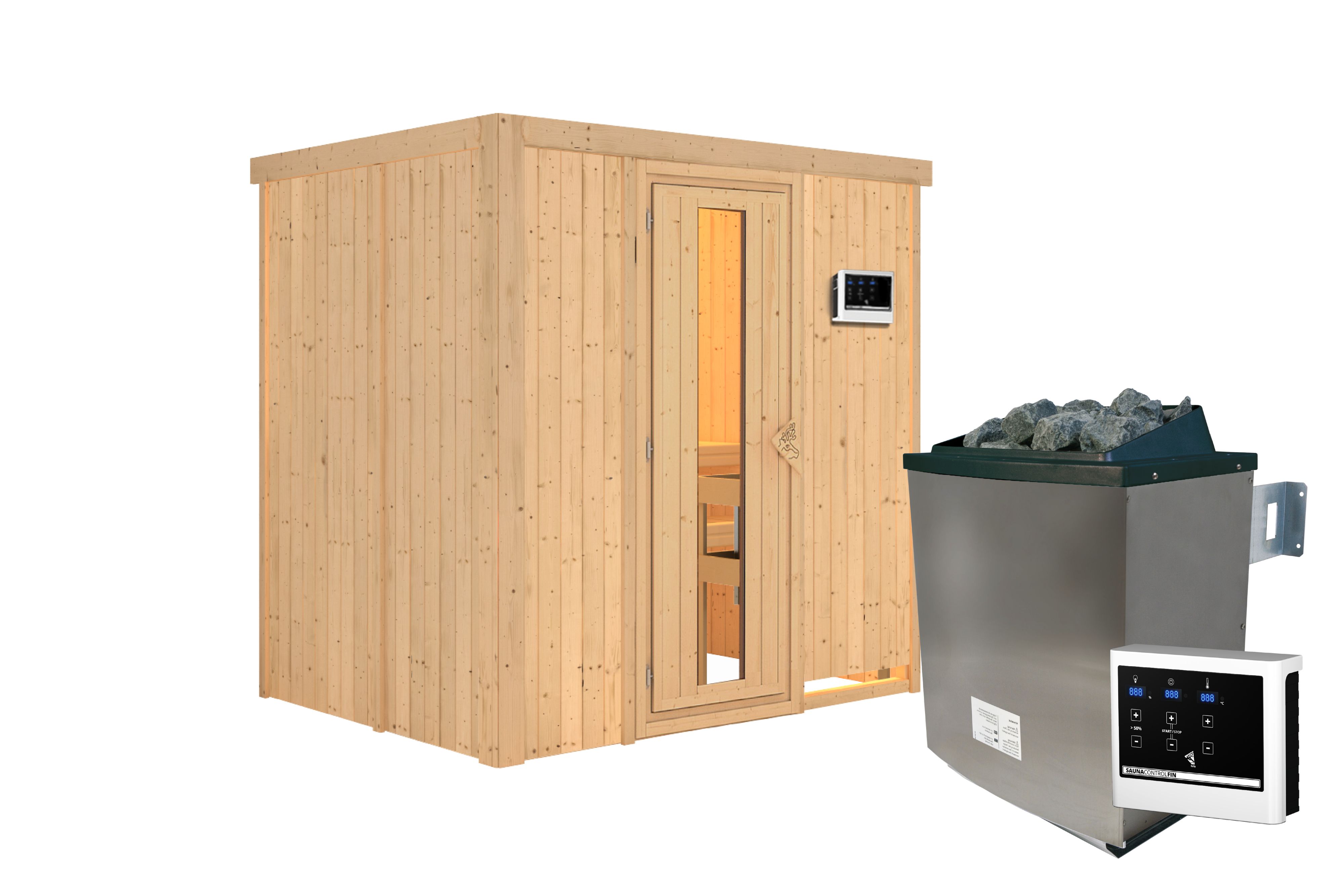 Innenansicht der Karibu Sauna Bodin mit Liegen und Kopfstütze aus hellem Espenholz
