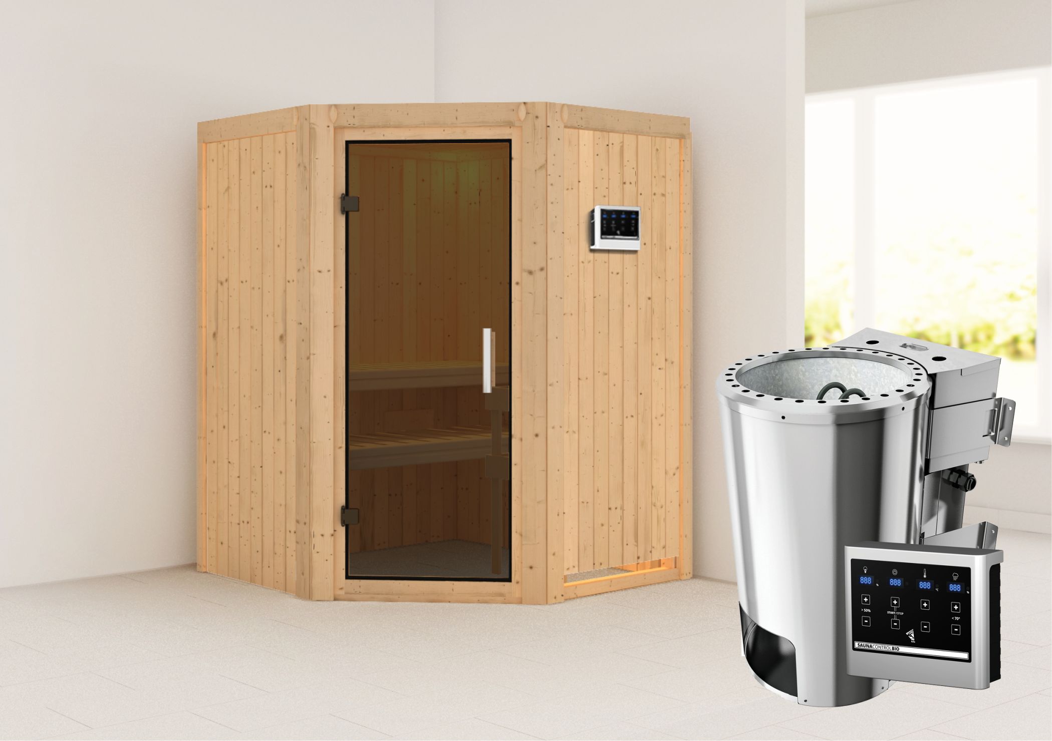 Außenansicht der Karibu Sauna Nanja aus nordischer Fichte mit graphitfarbener Ganzglastür und Fronteinstieg