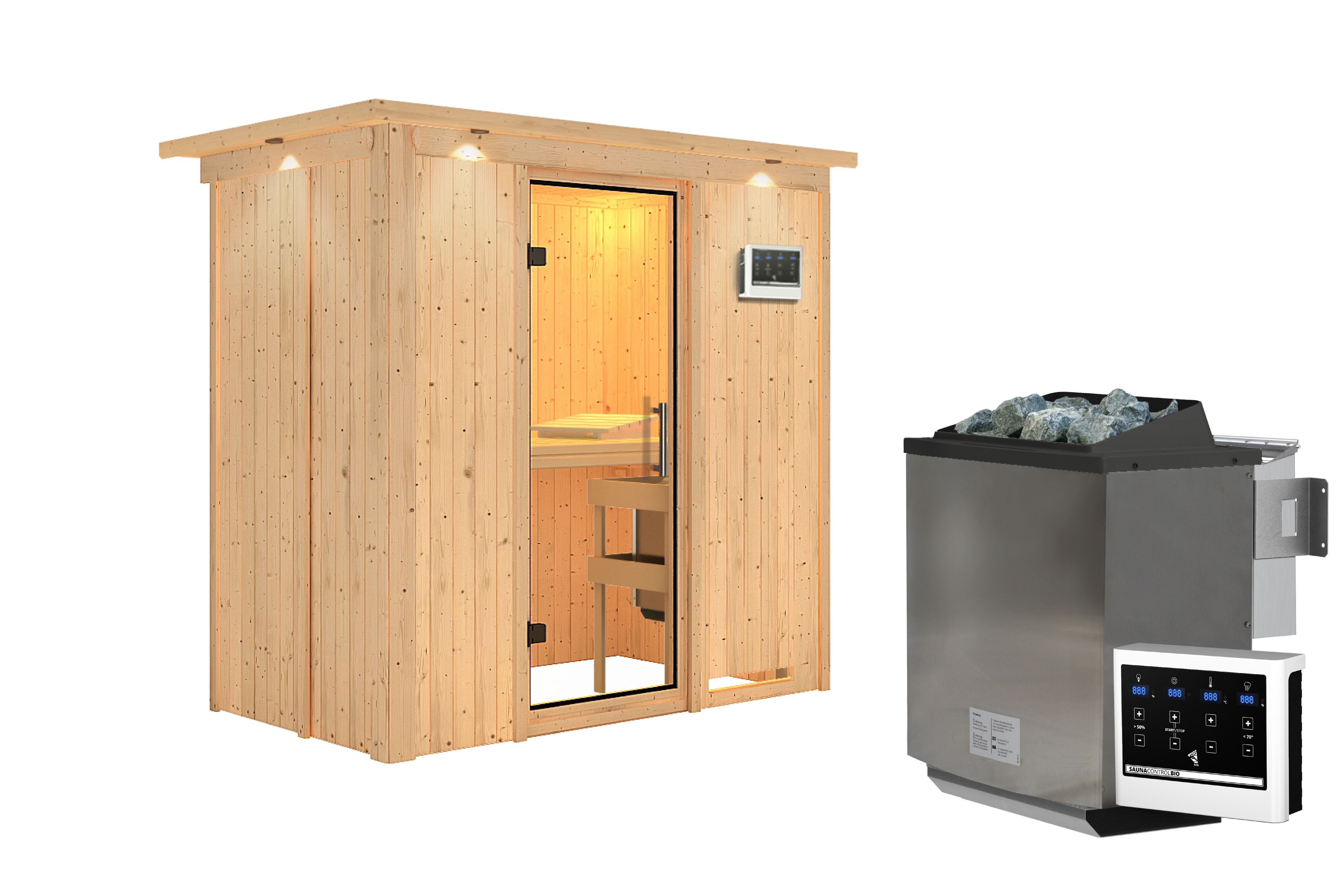 Innenansicht der Karibu Sauna Variado mit Liegen und Kopfstütze aus hellem Espenholz