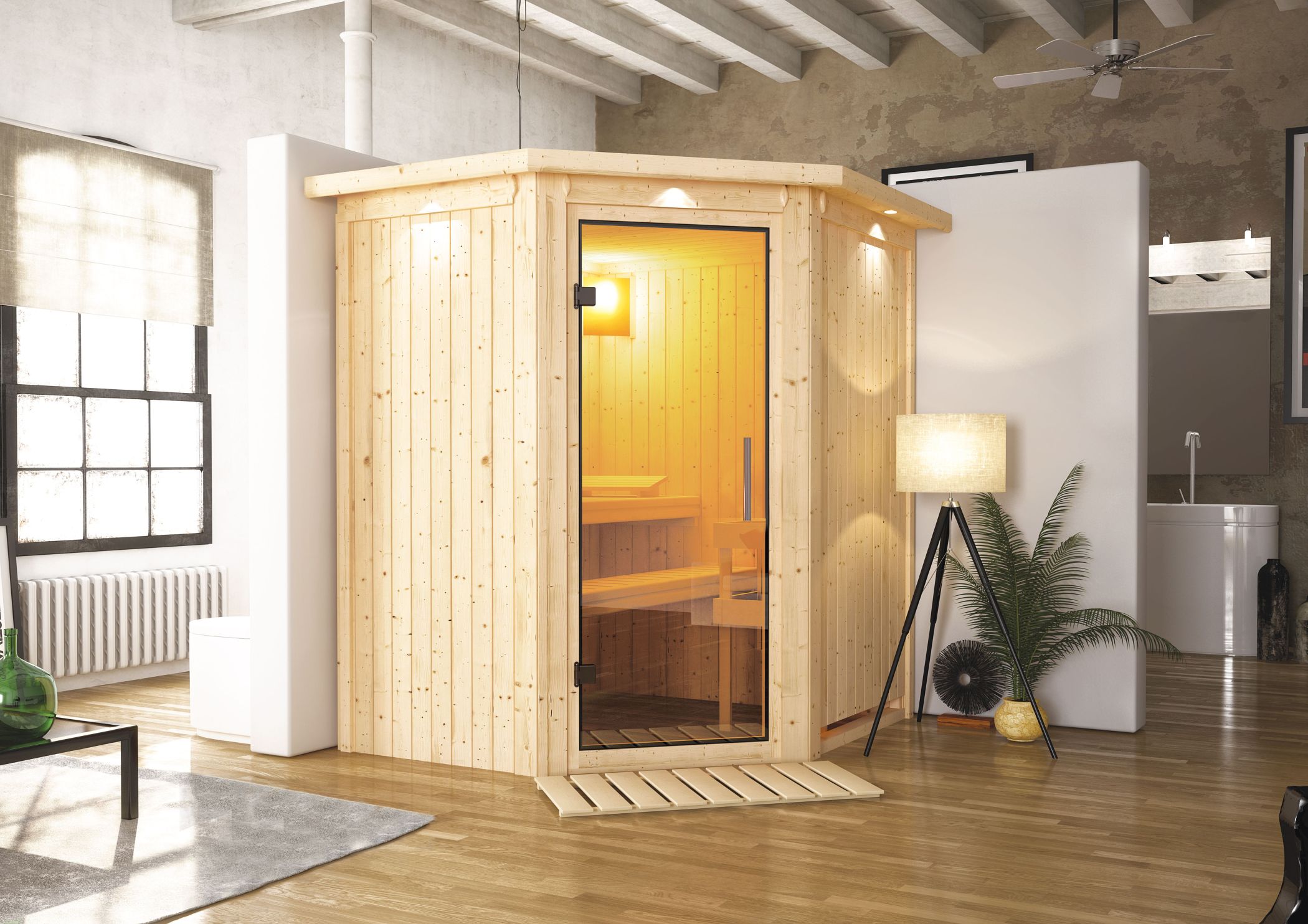Karibu Sauna Tonja als hochwertige Sauna aus nordischer Fichte im Wohnraum-Ambiente