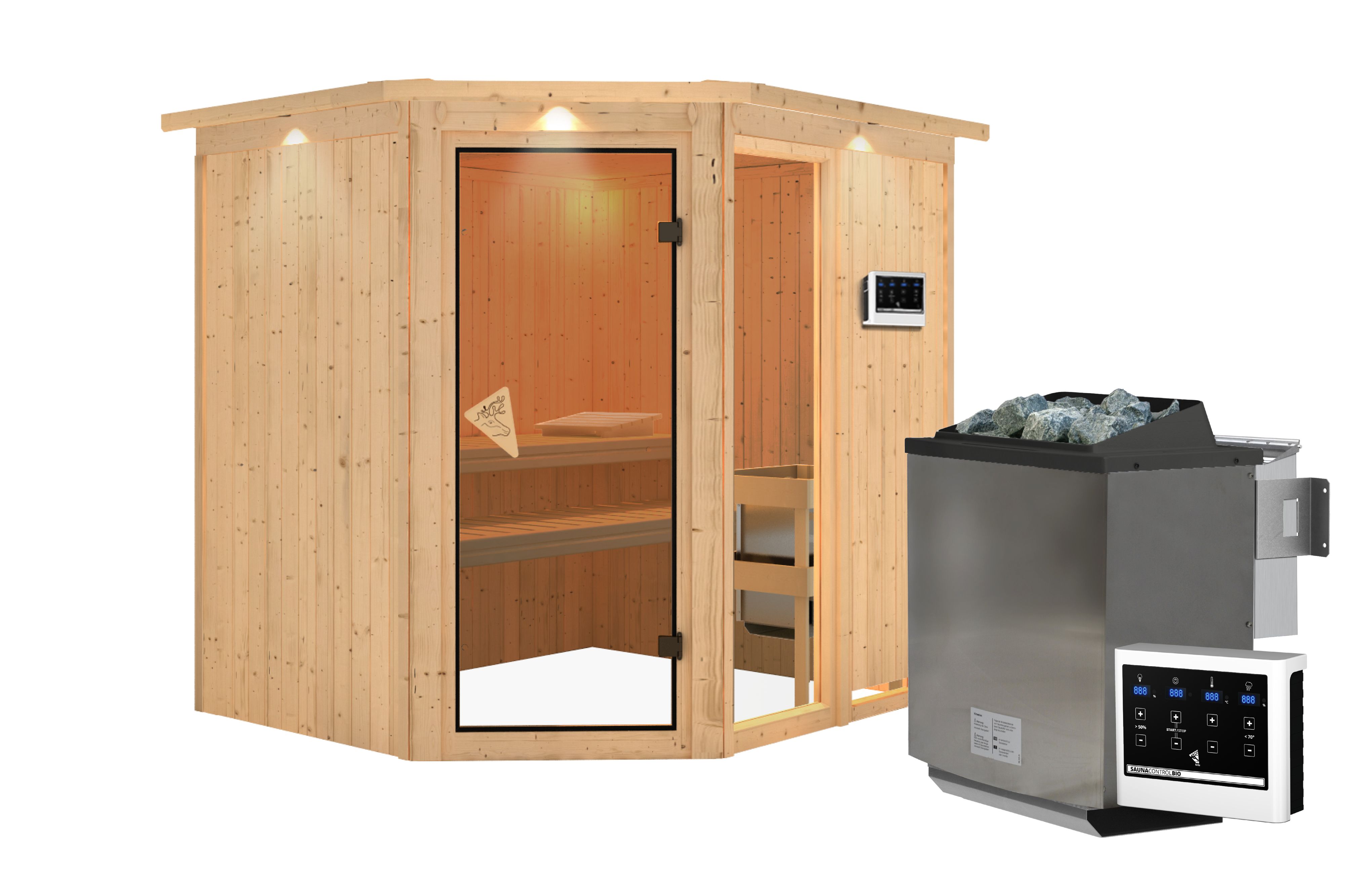 Innenansicht der Karibu Sauna Fiona 2 mit Liegen und Kopfstütze aus hellem Espenholz