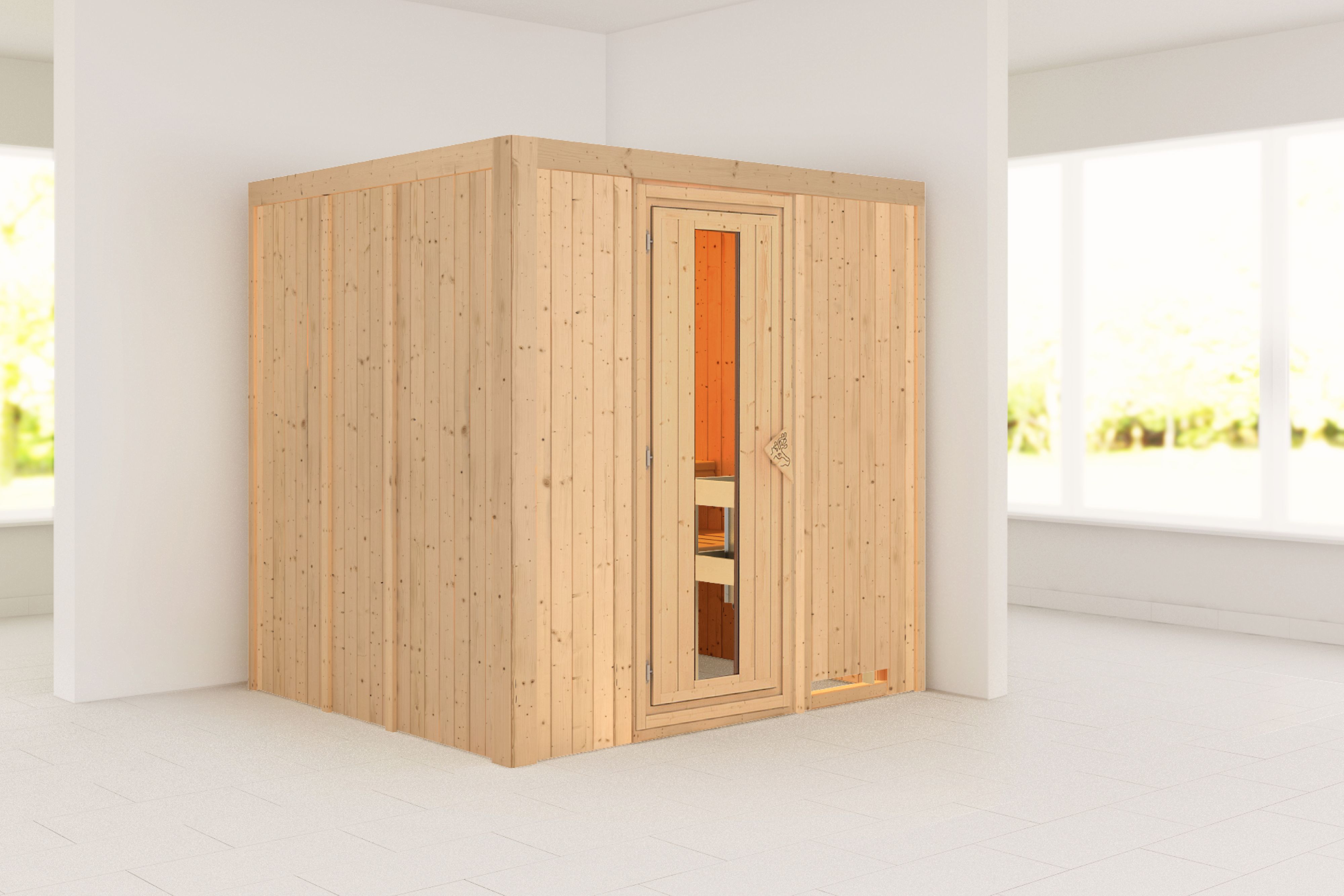 Außenansicht der Karibu Sauna Sodin aus nordischer Fichte mit isolierter Holztür und Fronteinstieg