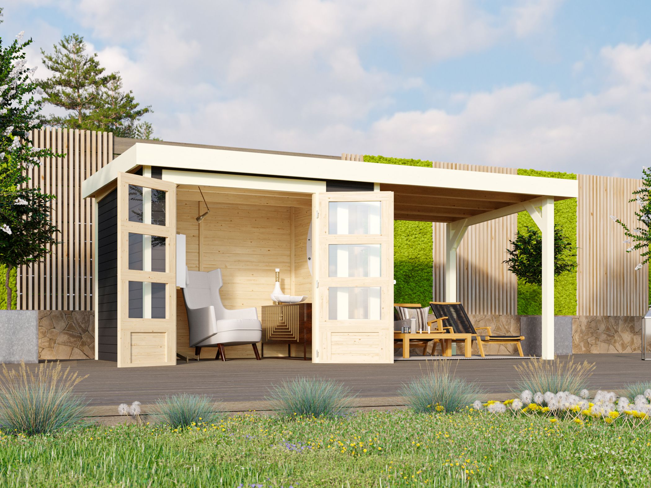 Karibu Gerätehaus Kerko 3 mit Anbaudach im Garten