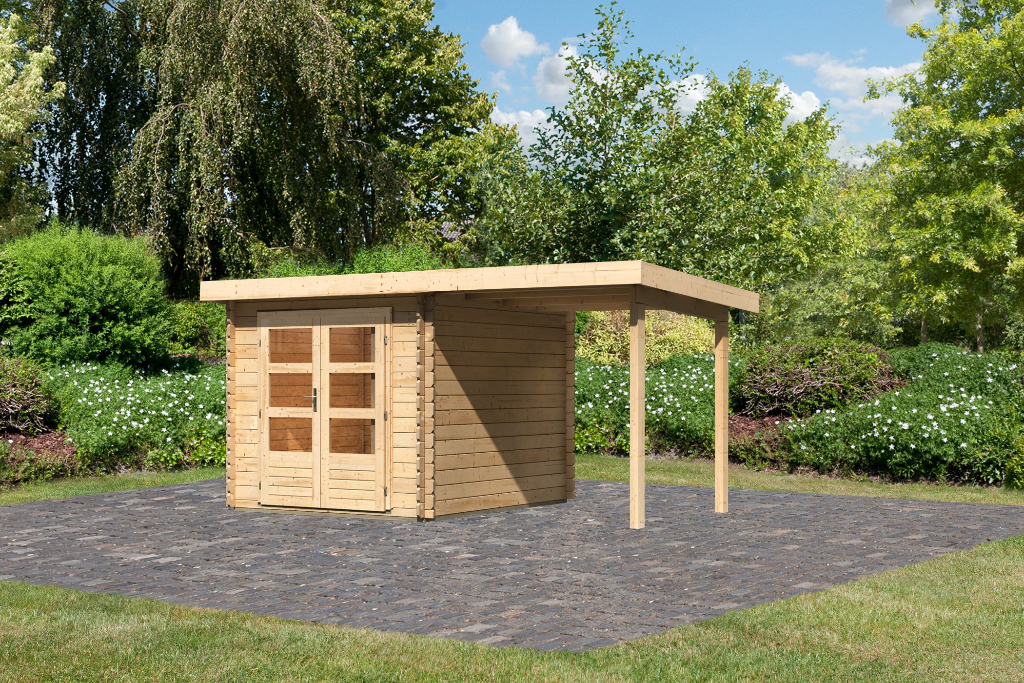 Karibu Gartenhaus Bastrup 4 in Naturbelassen und Anbaudach, Außenansicht