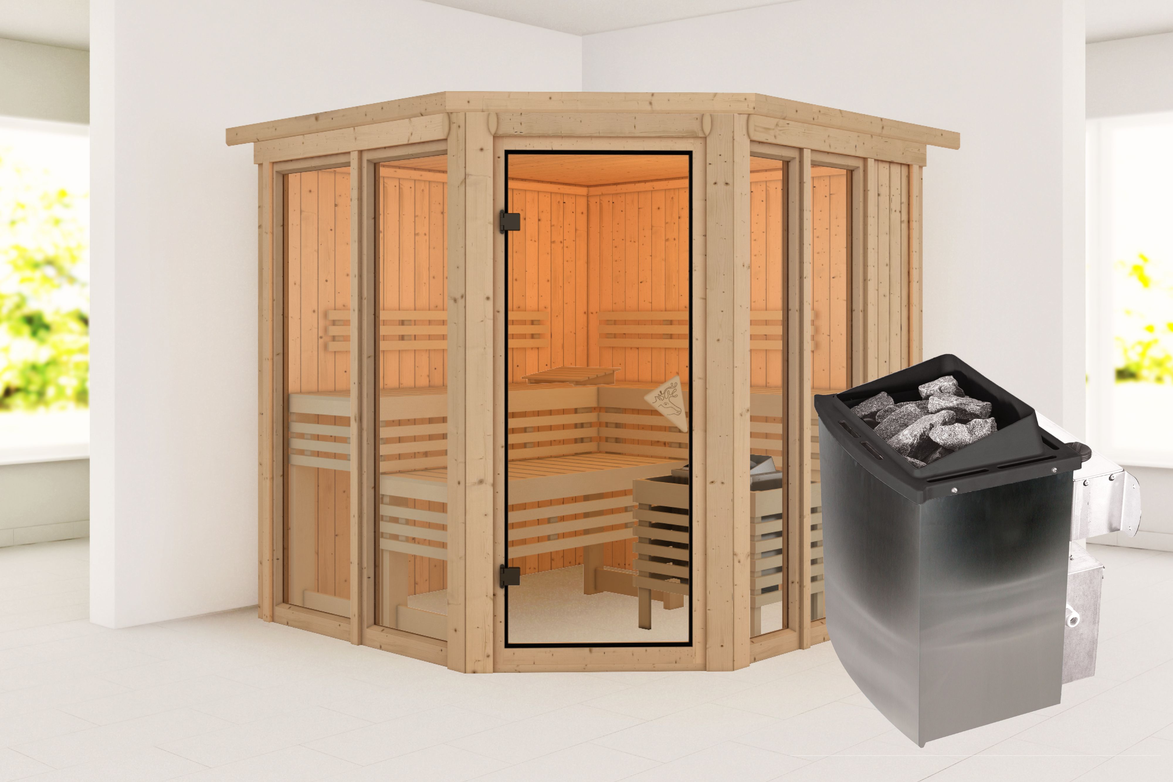 Außenansicht der Karibu Sauna Airi aus nordischer Fichte mit Ganzglastür und Fronteinstieg