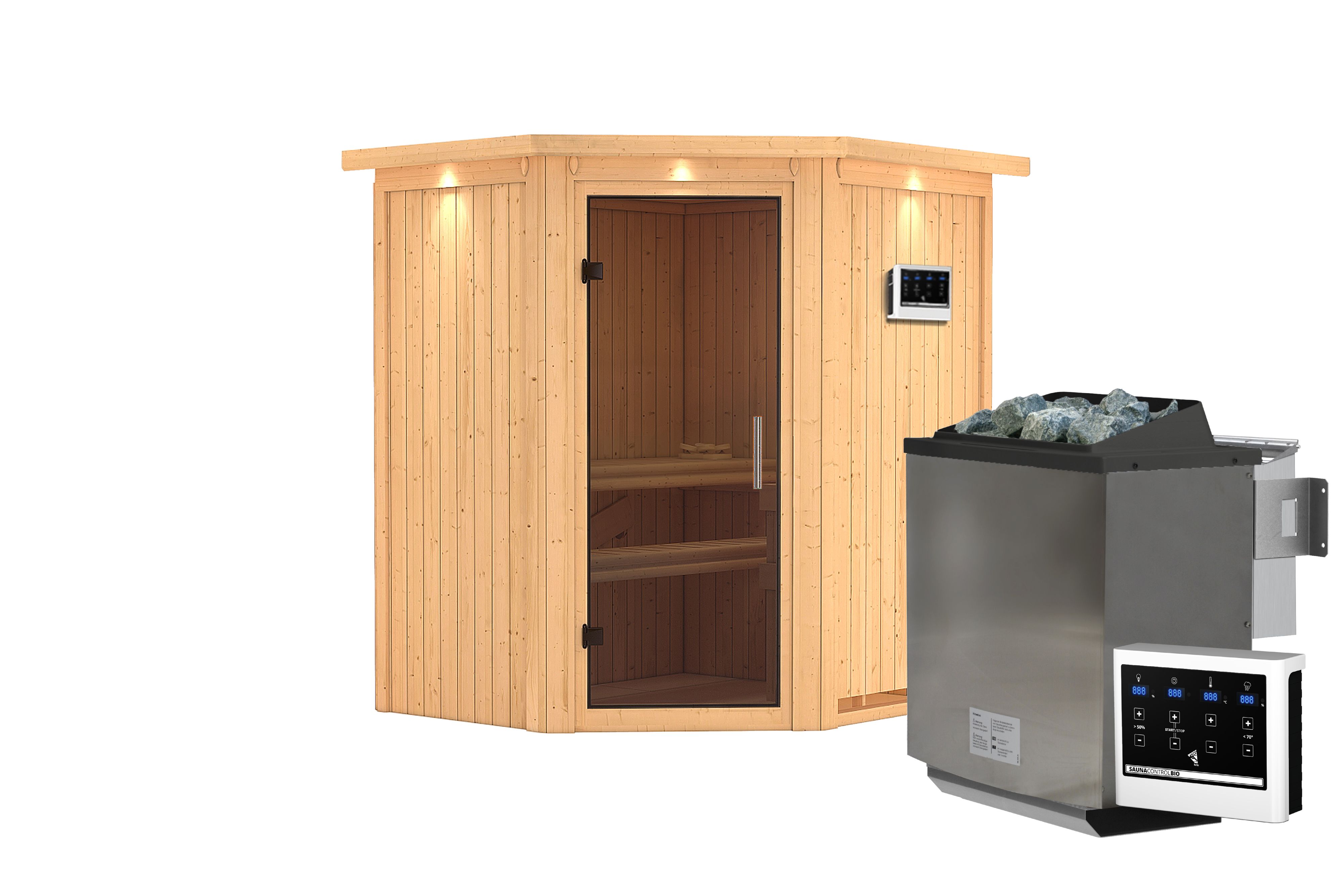 Innenansicht der Karibu Sauna Taurin mit Liegen und Kopfstütze aus hellem Espenholz