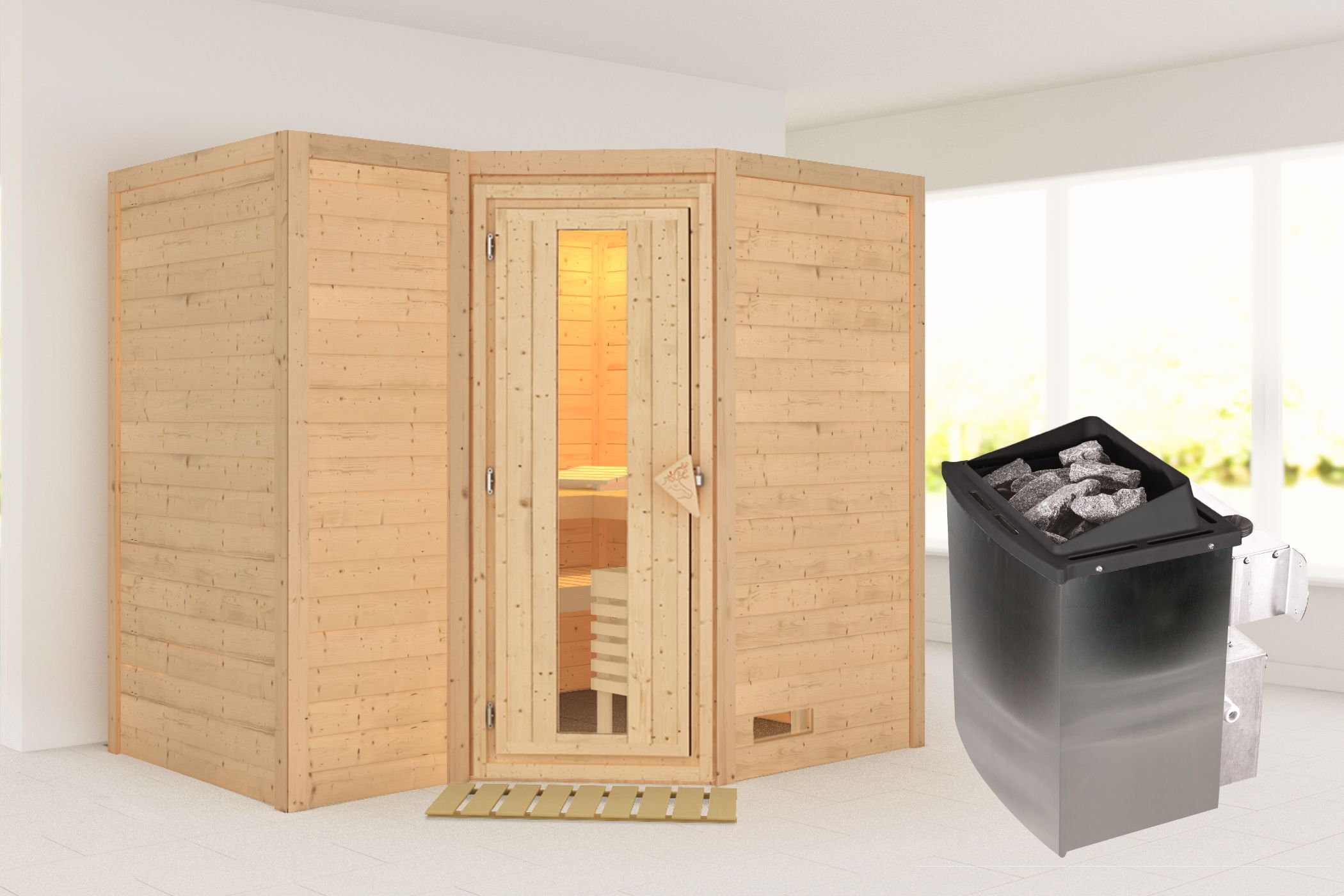 Außenansicht der Karibu Sauna Sahib 2 aus nordischer Fichte mit isolierter Holztür und Fronteinstieg