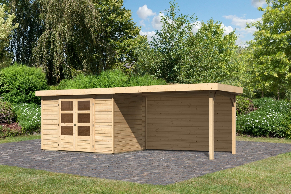 Karibu Gerätehaus Askola 4 in Naturbelassen und Anbaudach, Außenansicht