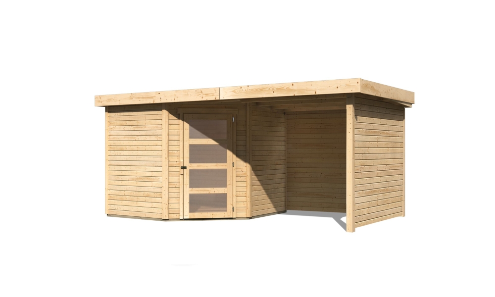 Karibu Gerätehaus Schwandorf 5 in Naturbelassen und Anbaudach, Freisteller