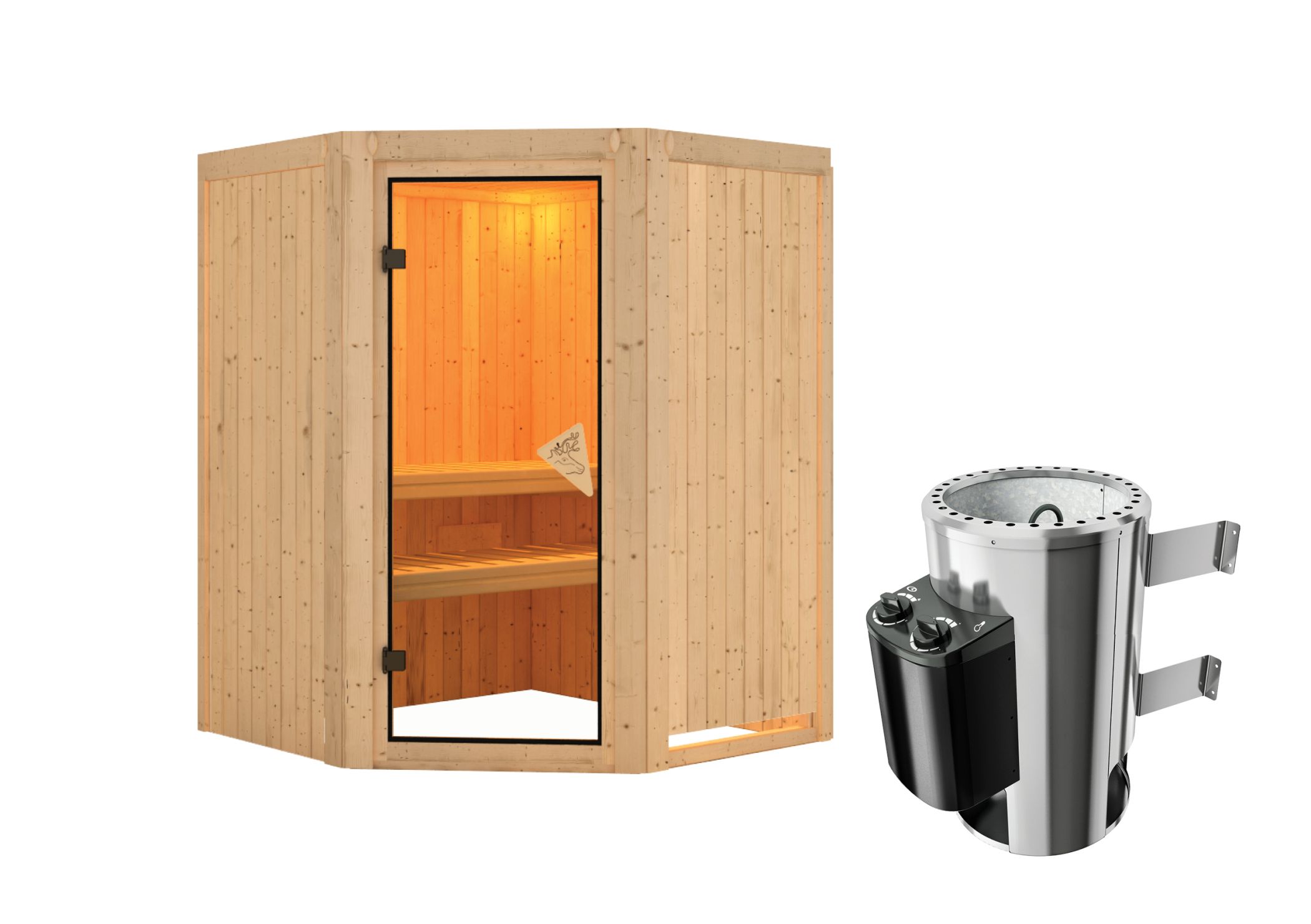 Innenansicht der Karibu Sauna Nanja mit Liegen und Kopfstütze aus hellem Espenholz