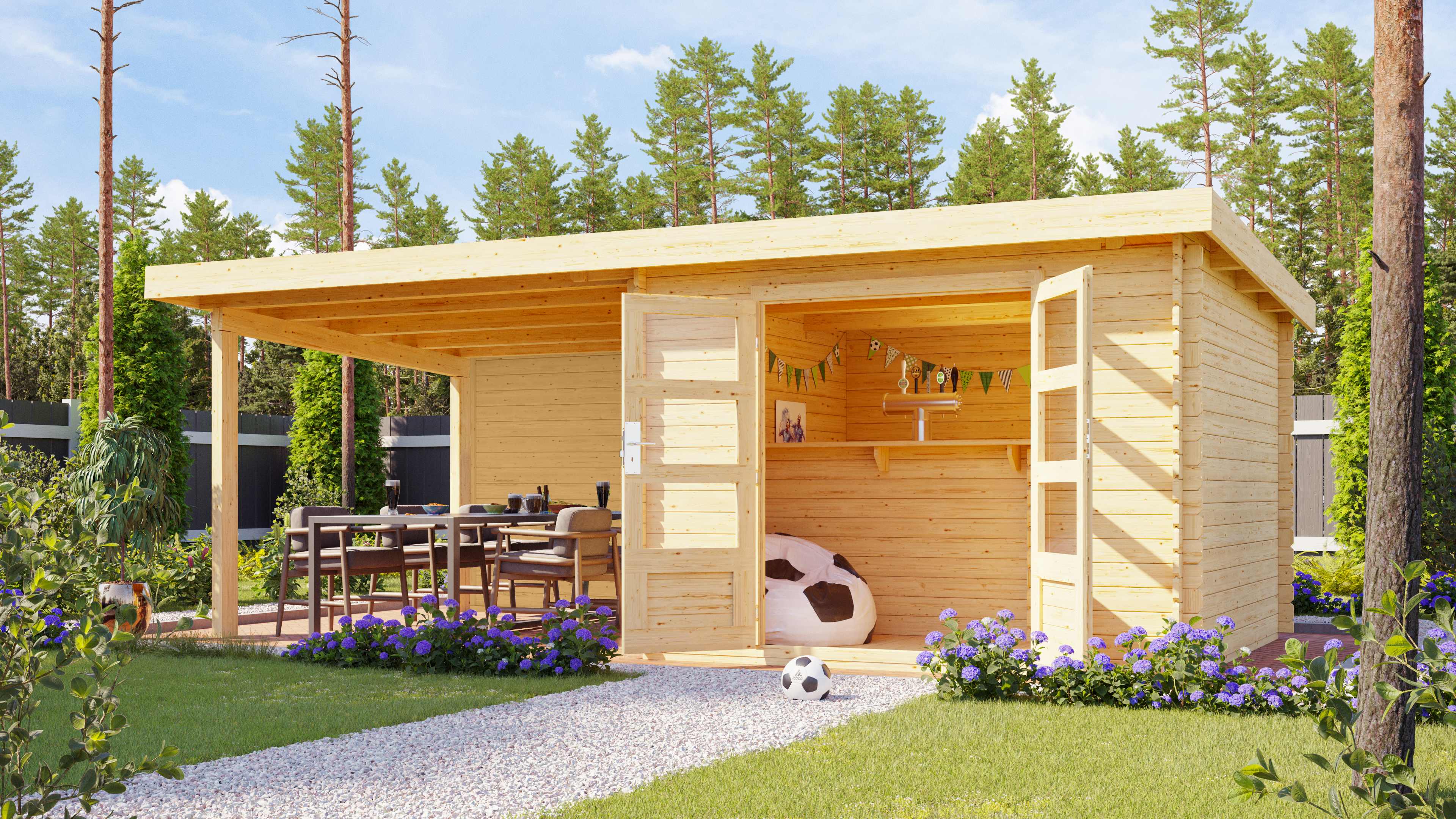 Gartenhaus Bastrup 3 (300 kg Schneelast) naturbelassen mit 3,2 m Anbaudach und Rückwand / Lagerabverkauf