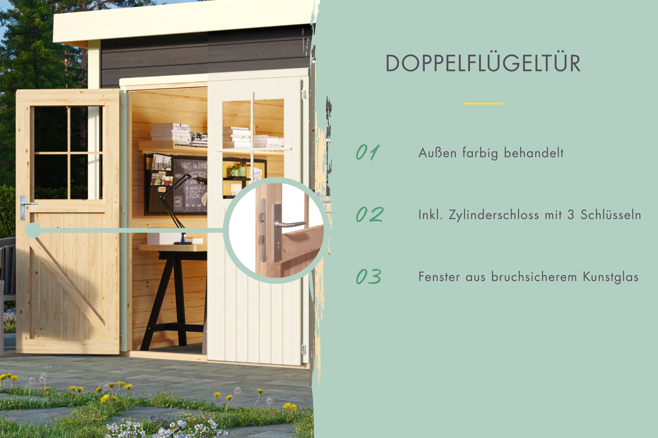 Doppelflügeltür des Karibu Gartenhaus Mattrup mit Zylinderschloss und Kunstglas