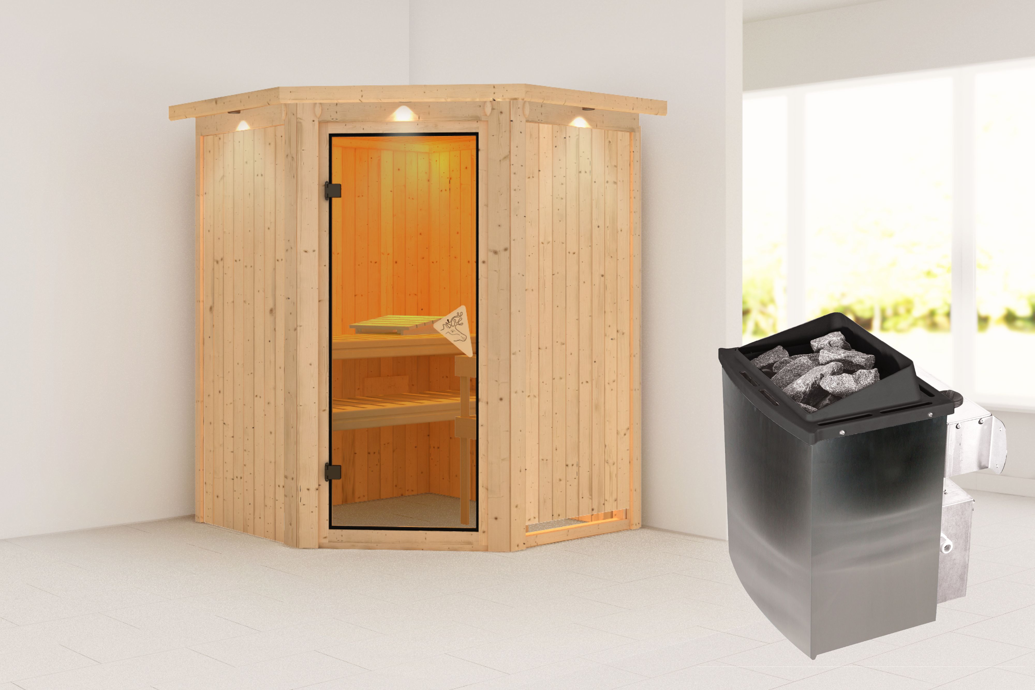 Außenansicht der Karibu Sauna Larin aus nordischer Fichte mit bronzierter Ganzglastür und Fronteinstieg