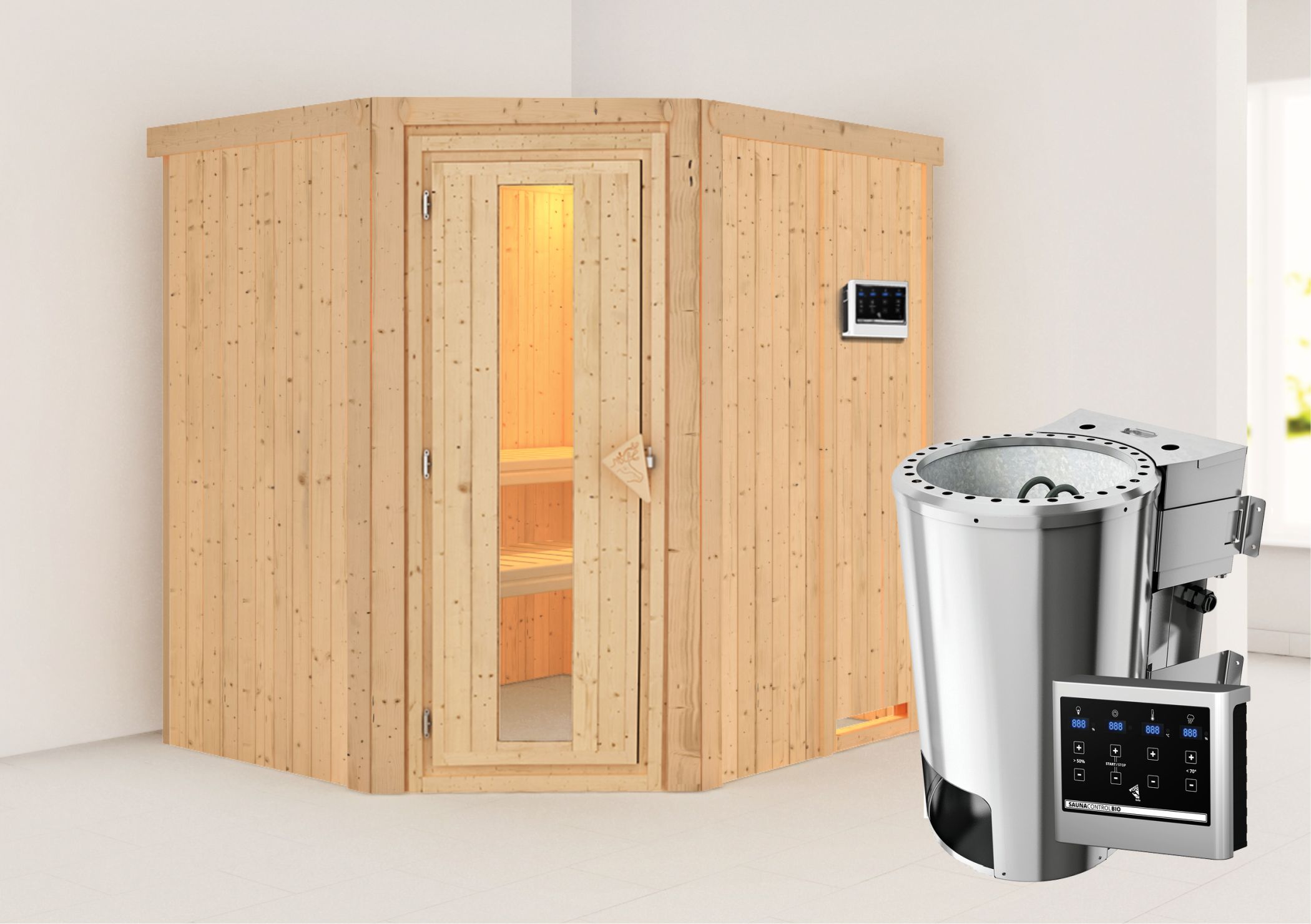 Außenansicht der Karibu Sauna Lilja aus nordischer Fichte mit isolierter Holztür und Fronteinstieg
