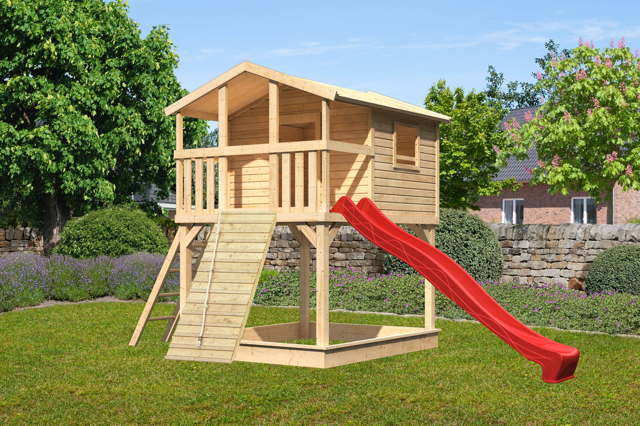 Karibu Stelzenhaus Benjamin aus Holz, im Garten aufgebaut