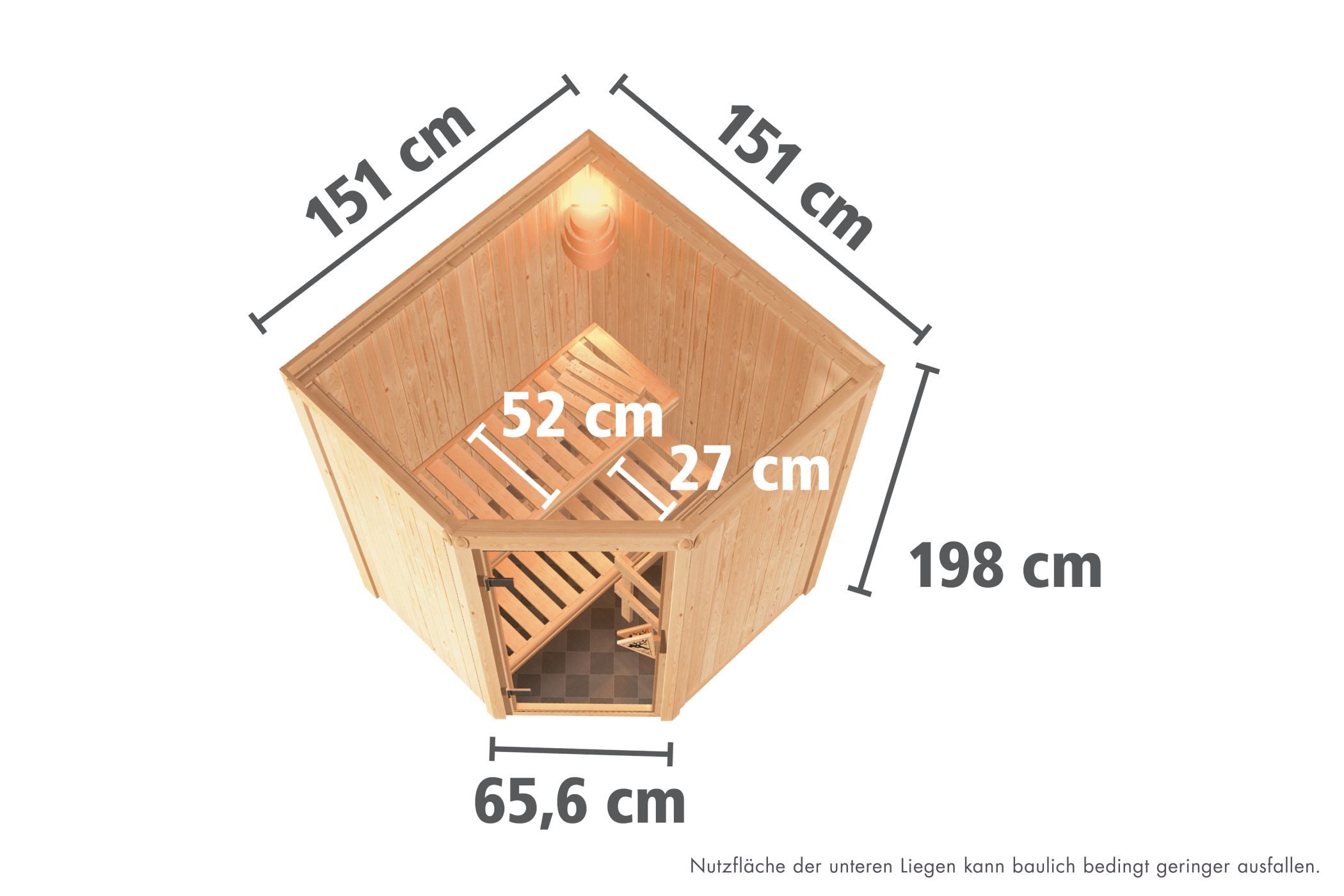 Maßzeichnung der Karibu Sauna Badger Basismodell mit Außenmaß 151 × 151 cm und Höhe 198 cm
