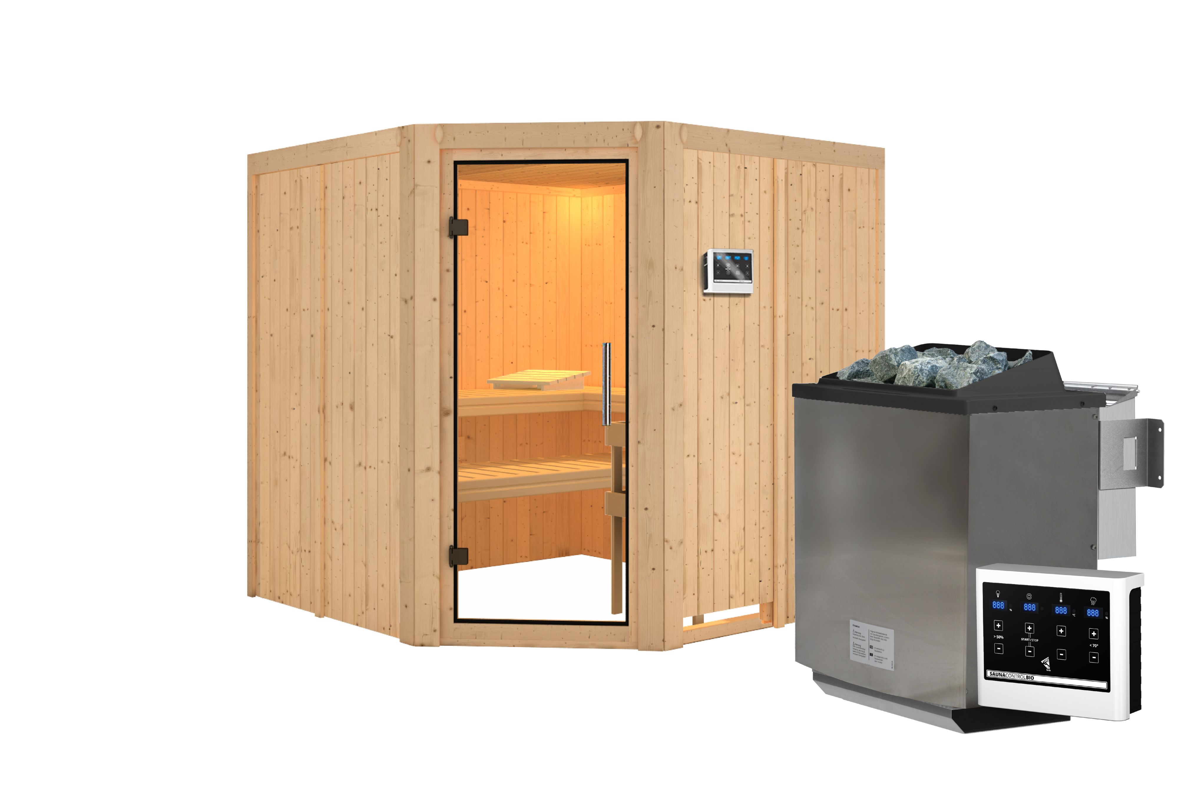 Innenansicht der Karibu Sauna Jarin mit Liegen und Kopfstütze aus hellem Espenholz