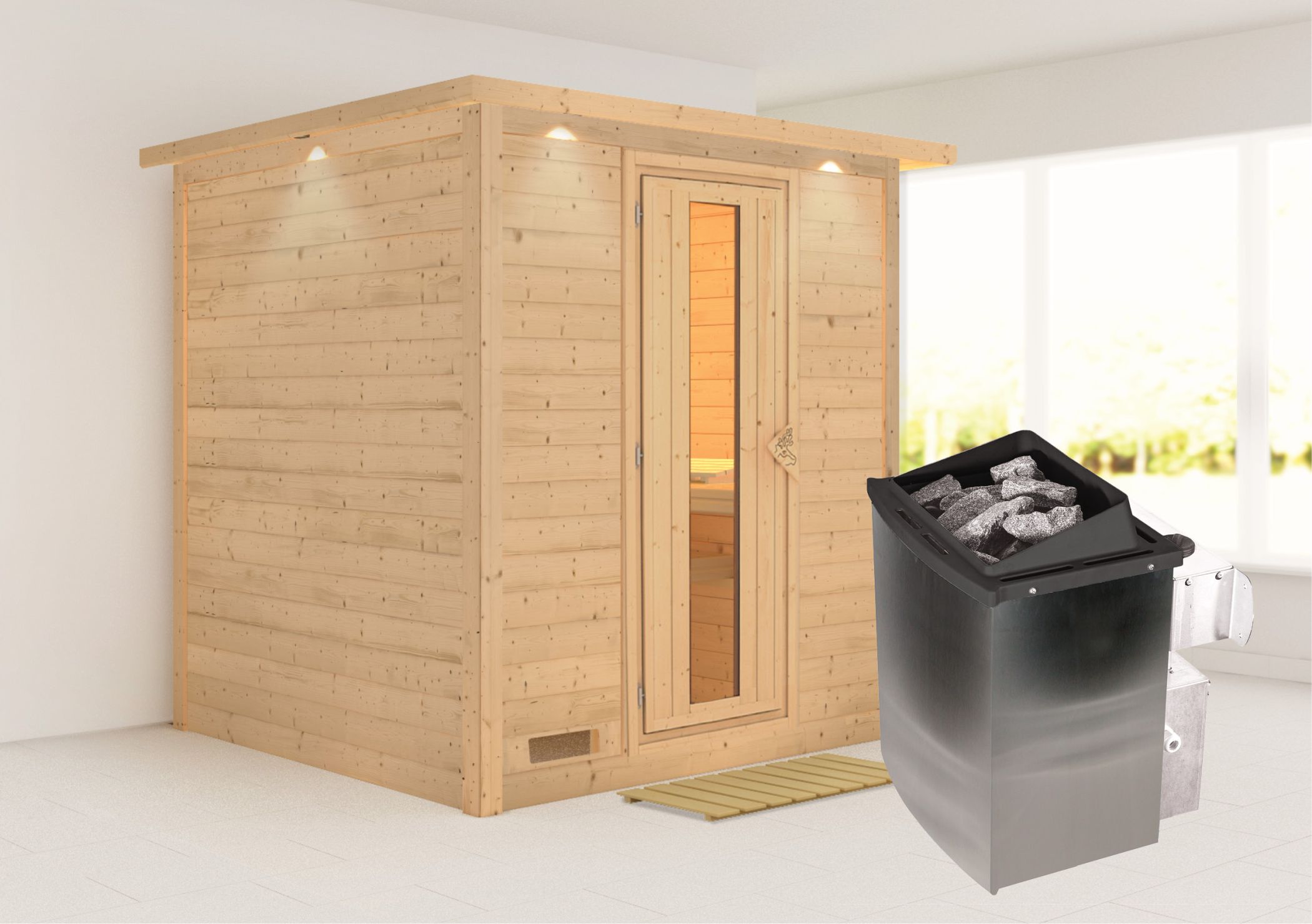 Außenansicht der Karibu Sauna Mojave aus nordischer Fichte mit isolierter Holztür und Fronteinstieg
