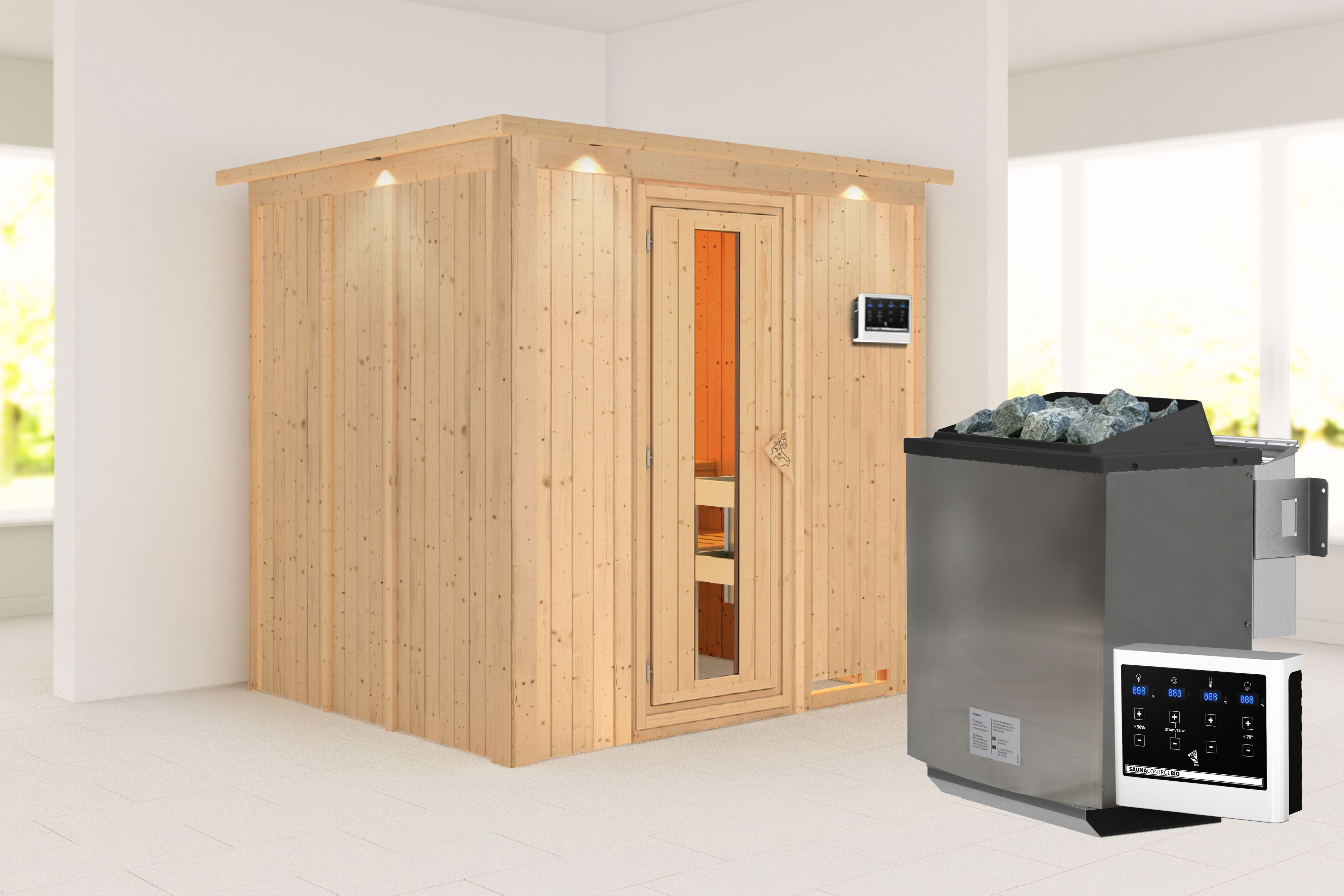 Außenansicht der Karibu Sauna Sodin aus nordischer Fichte mit isolierter Holztür und Fronteinstieg