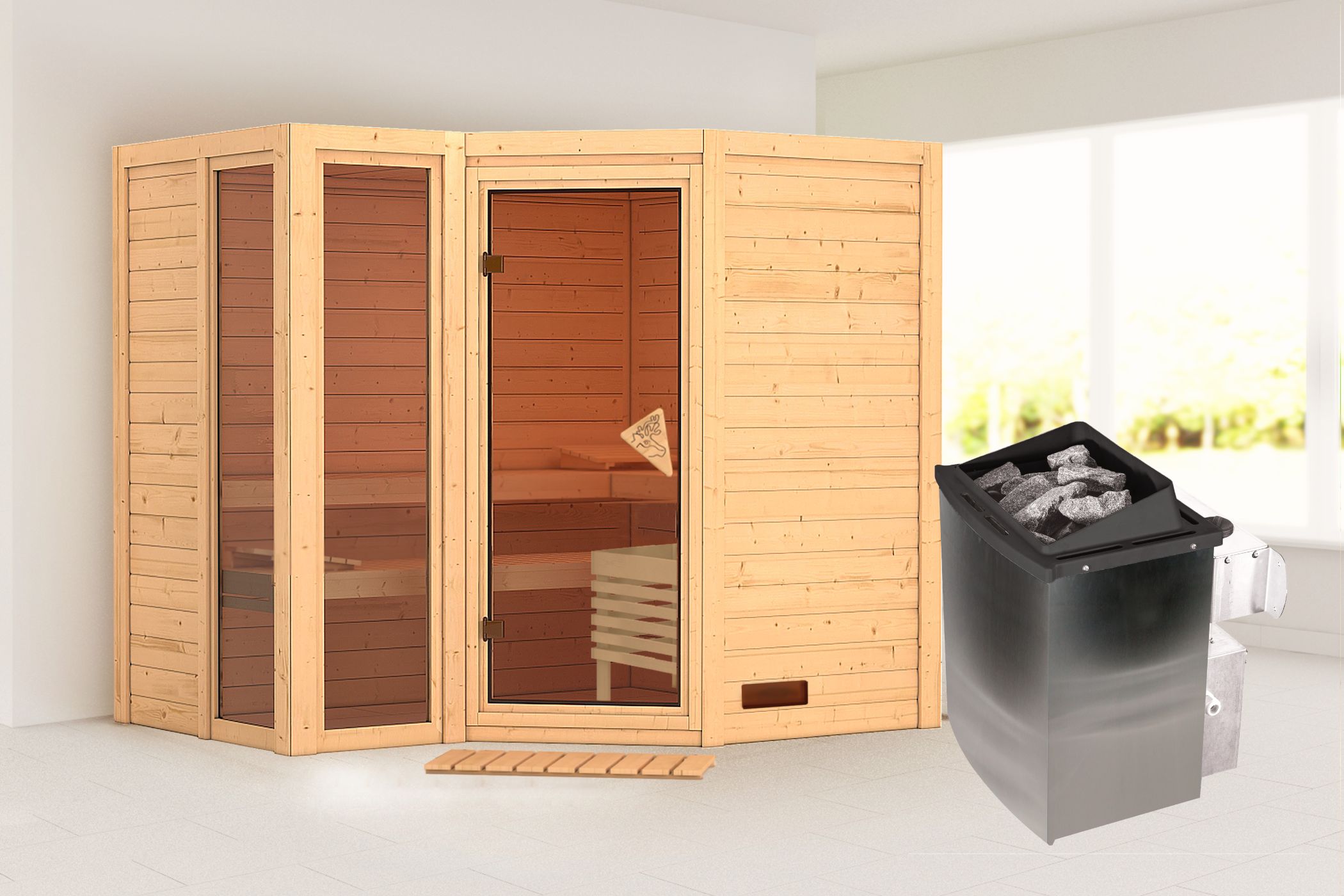 Außenansicht der Karibu Sauna Amara aus nordischer Fichte mit Ganzglastür und Fronteinstieg