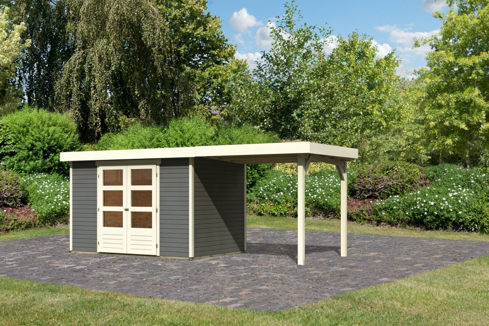 Karibu Gerätehaus Askola 4 in Terragrau und Anbaudach, Außenansicht