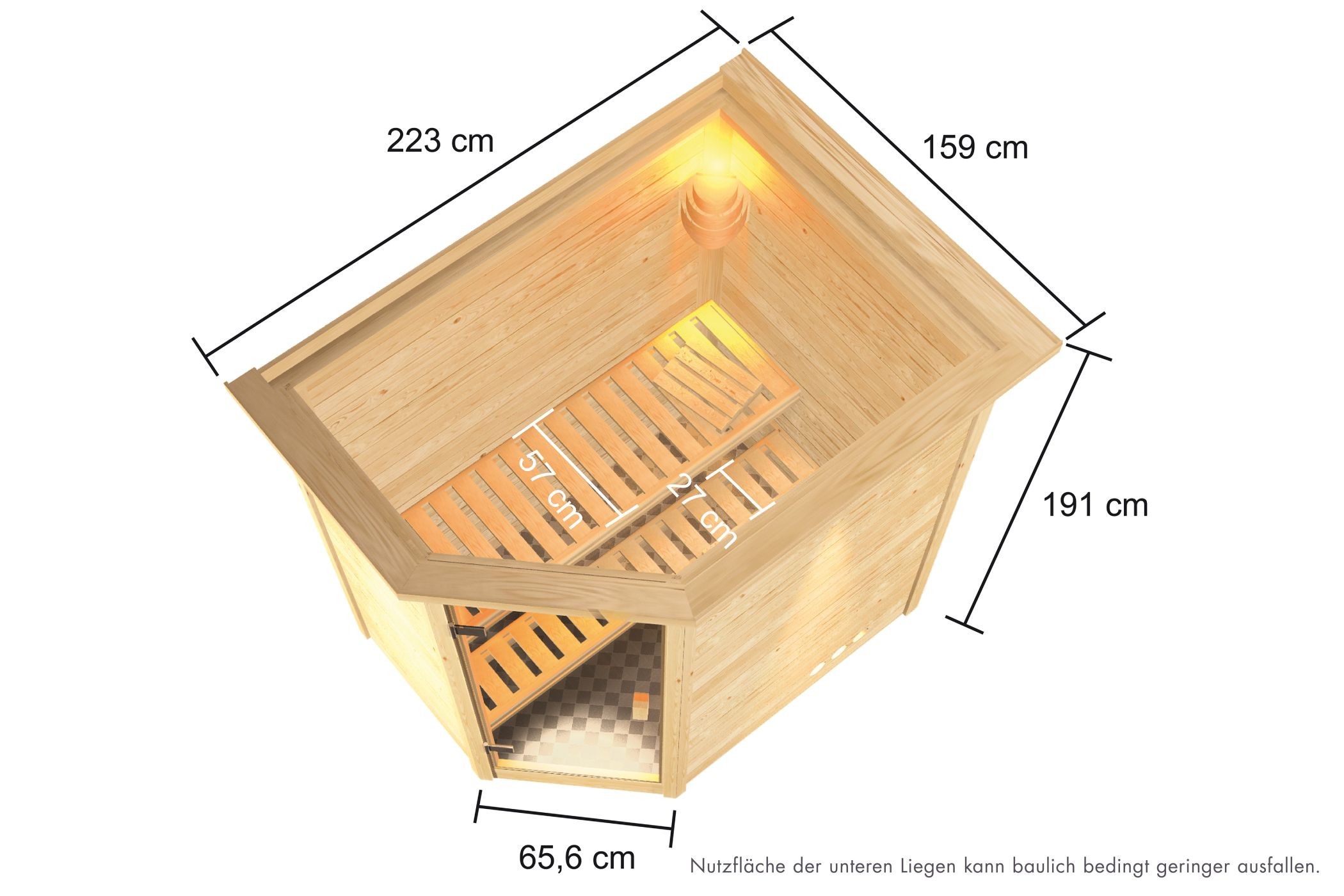 Maßzeichnung der Karibu Sauna Jella mit Außenmaß 223 × 159 cm und Höhe 191 cm