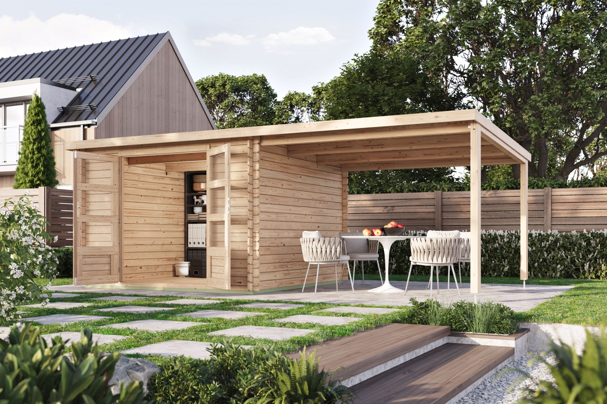 Gartenhaus Mansfield mit 3 Meter Anbaudach Gartenhaus Mansfield mit 3 Meter Anbaudach