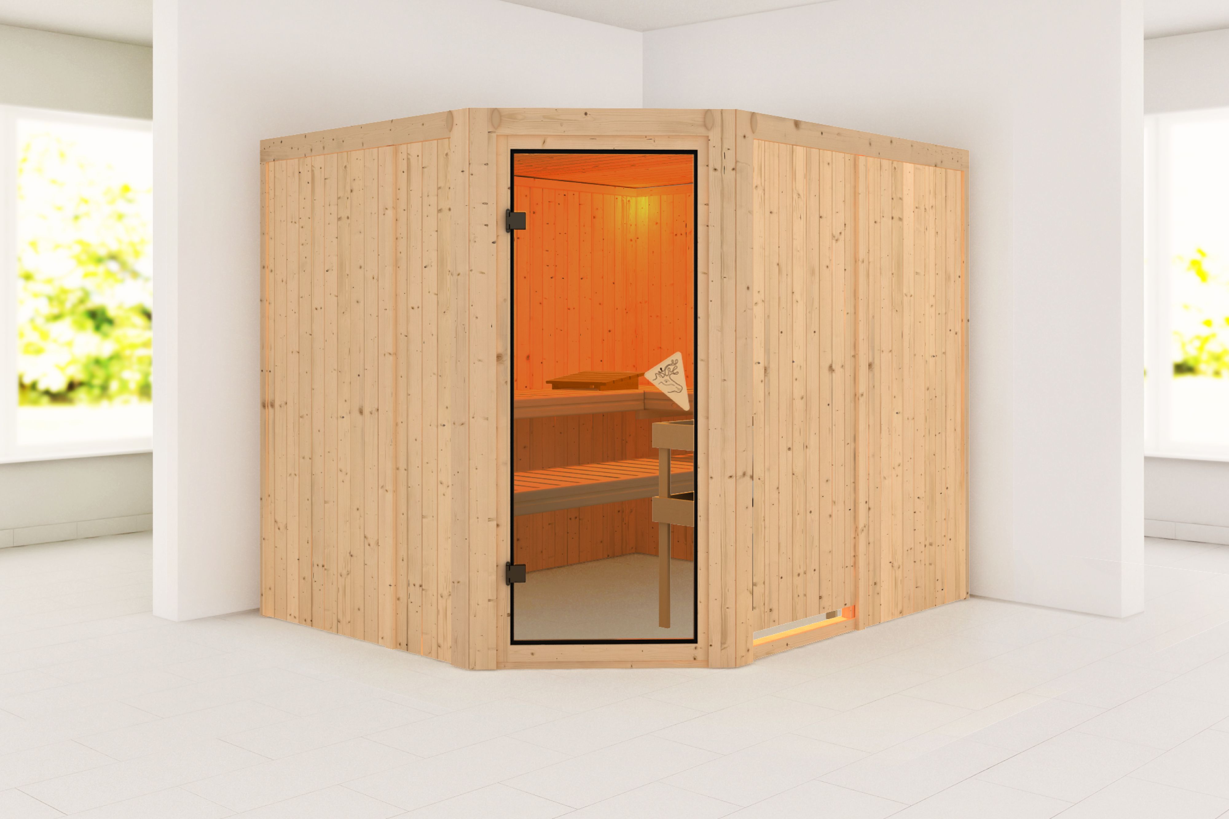 Außenansicht der Karibu Sauna Malin aus nordischer Fichte mit bronzierter Ganzglastür und Fronteinstieg
