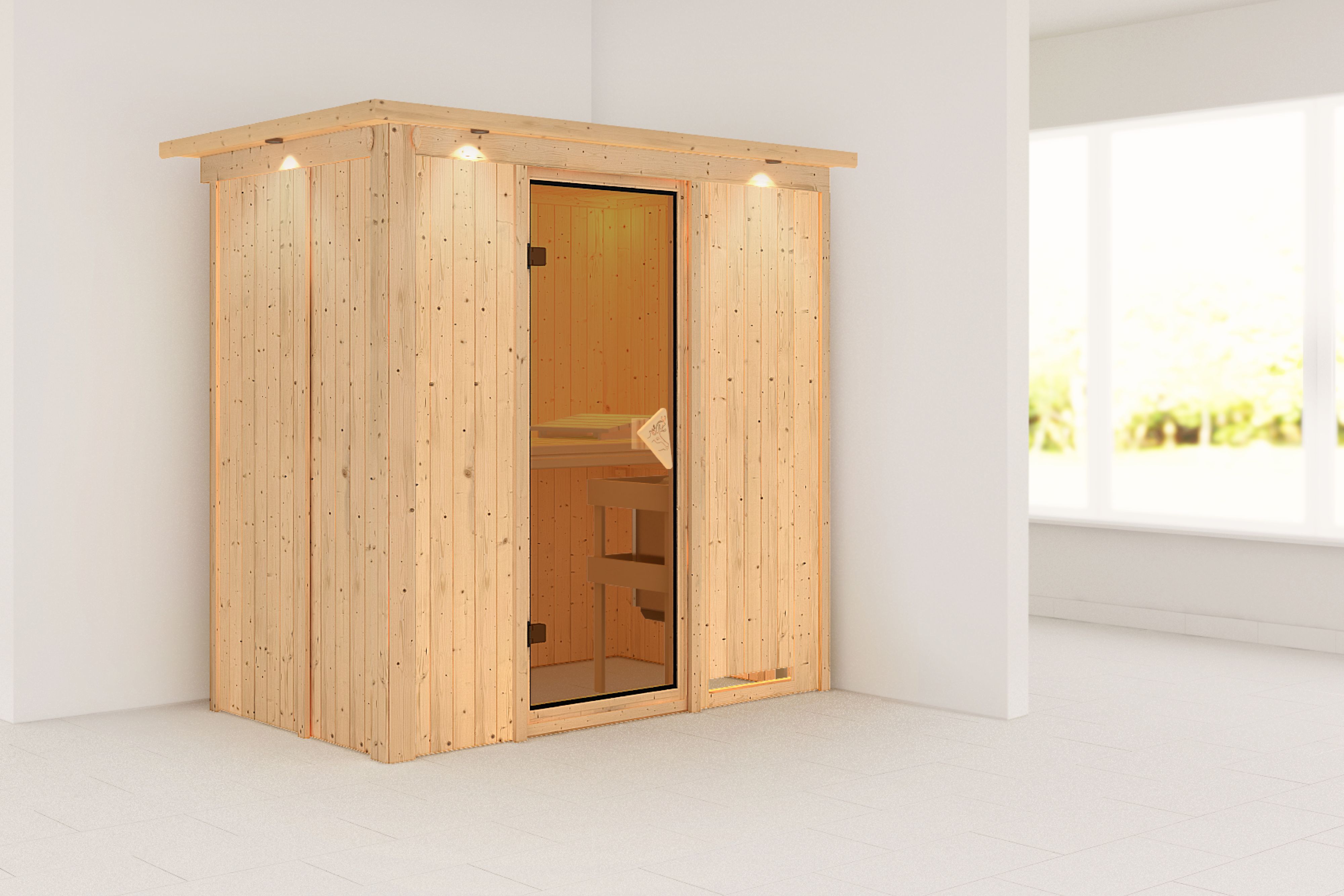Außenansicht der Karibu Sauna Variado aus nordischer Fichte mit bronzierter Ganzglastür und Fronteinstieg