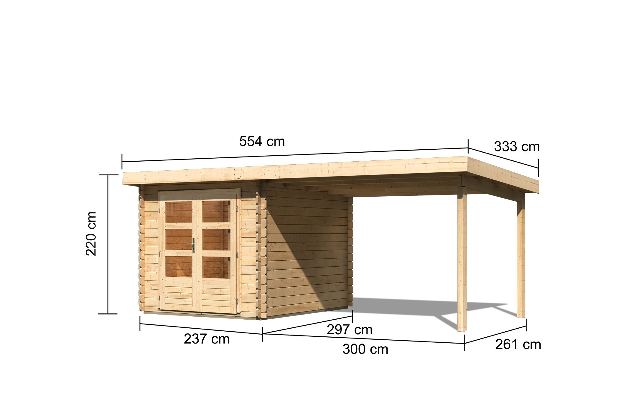 Bemaßte Maßzeichnung des Karibu Gartenhaus Bastrup 4 mit Anbaudach, 554 × 333 cm