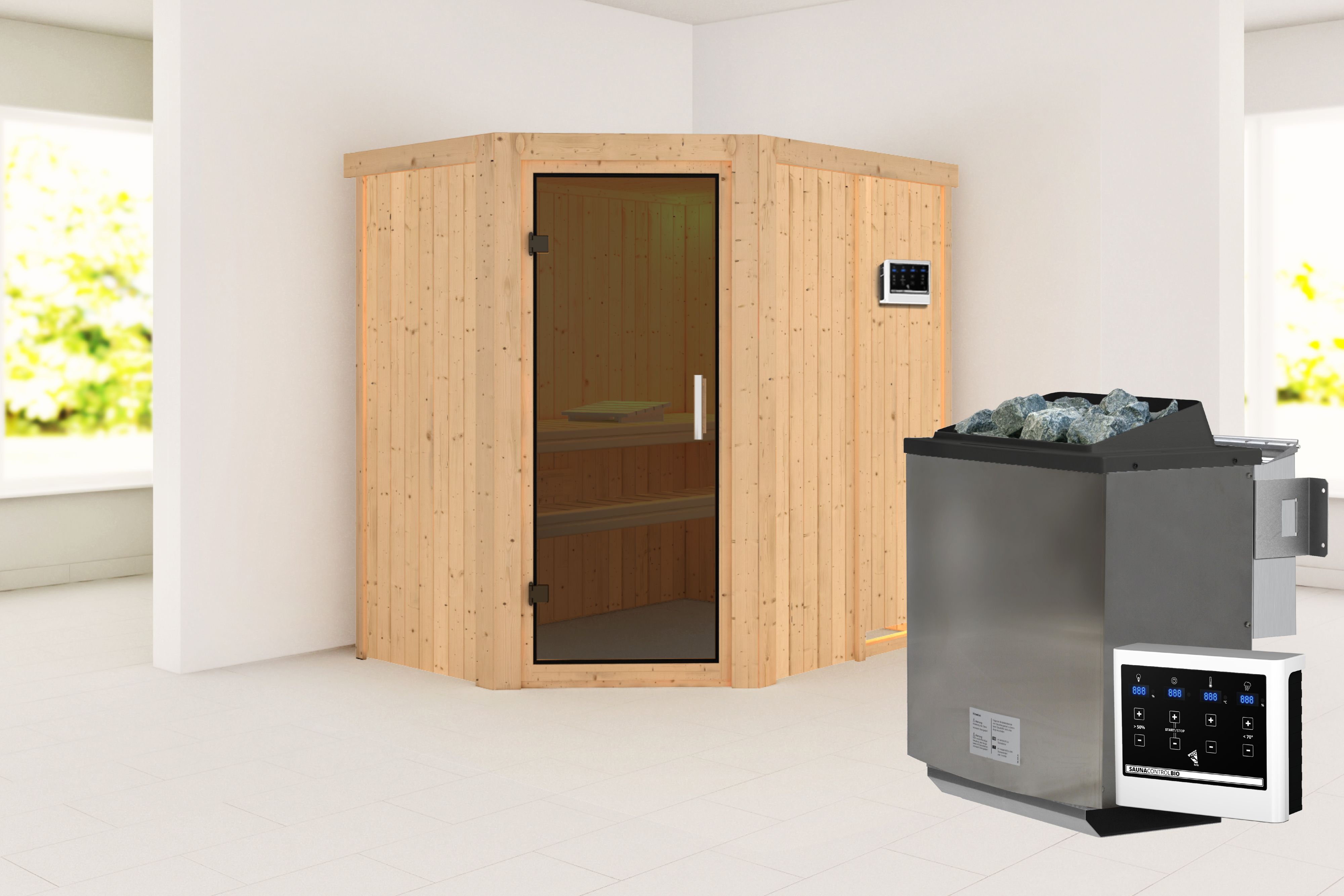 Außenansicht der Karibu Sauna Carin aus nordischer Fichte mit graphitfarbener Ganzglastür und Fronteinstieg