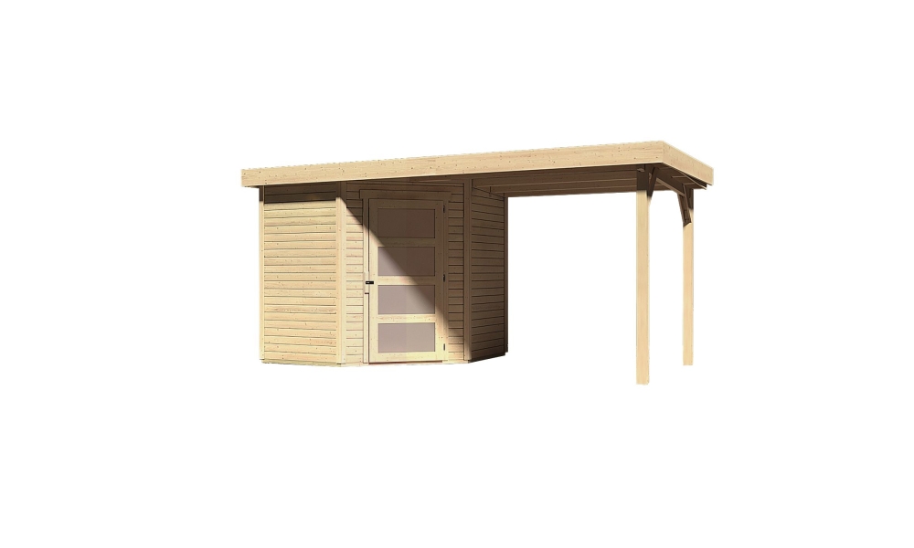 Karibu Gerätehaus Schwandorf 3 in Naturbelassen und Anbaudach, Freisteller