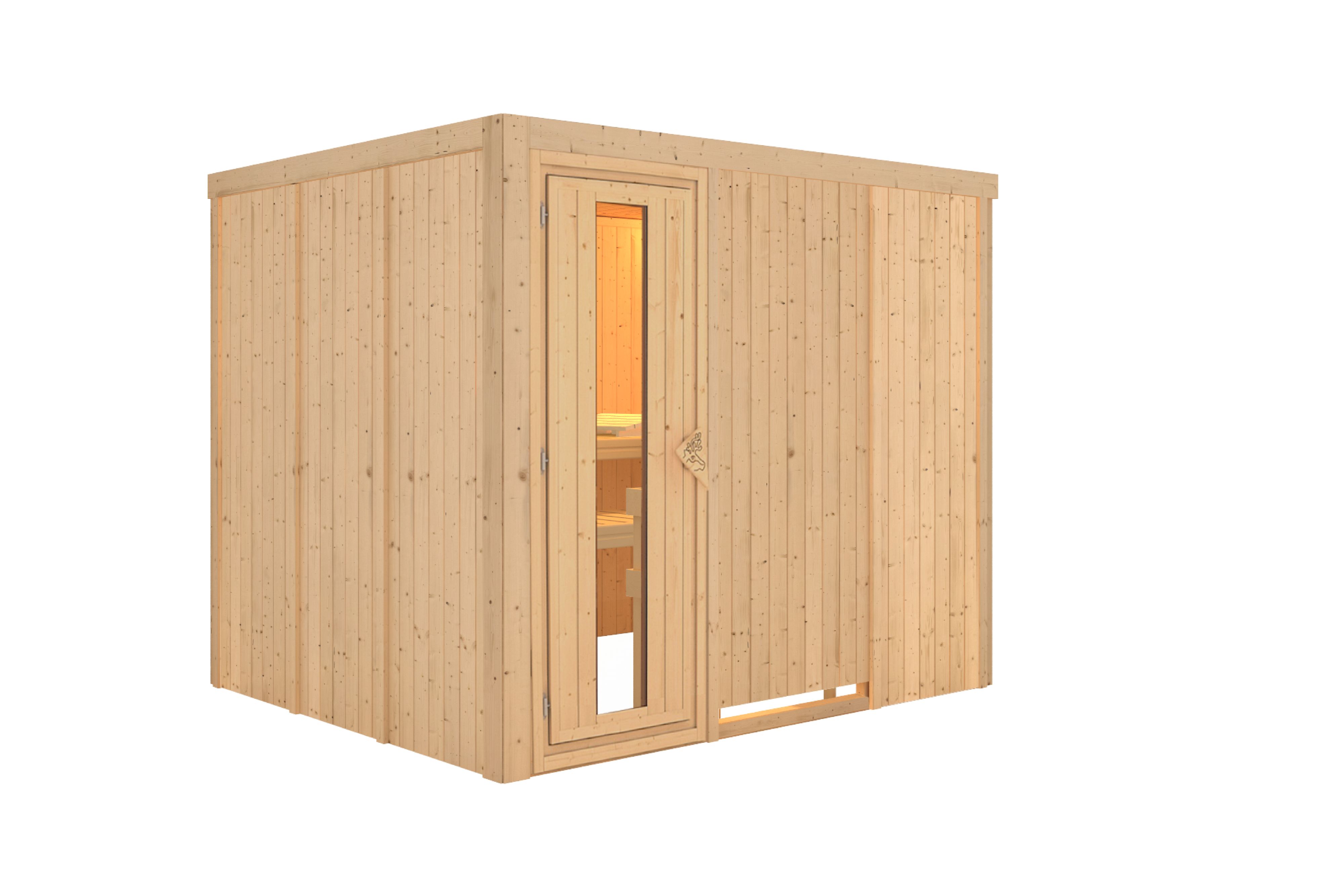 Innenansicht der Karibu Sauna Gobin mit Liegen und Kopfstütze aus hellem Espenholz