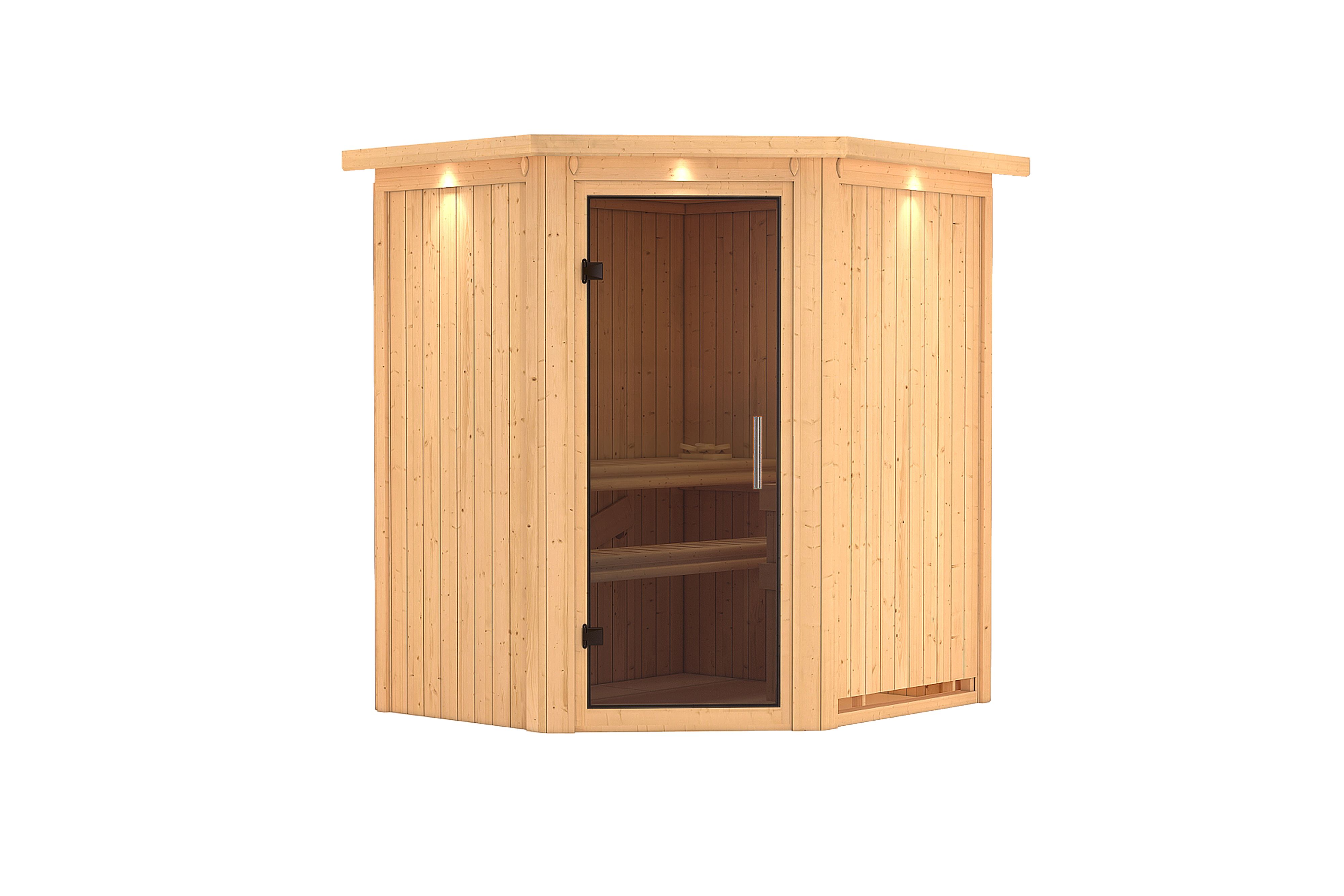 Innenansicht der Karibu Sauna Taurin mit Liegen und Kopfstütze aus hellem Espenholz