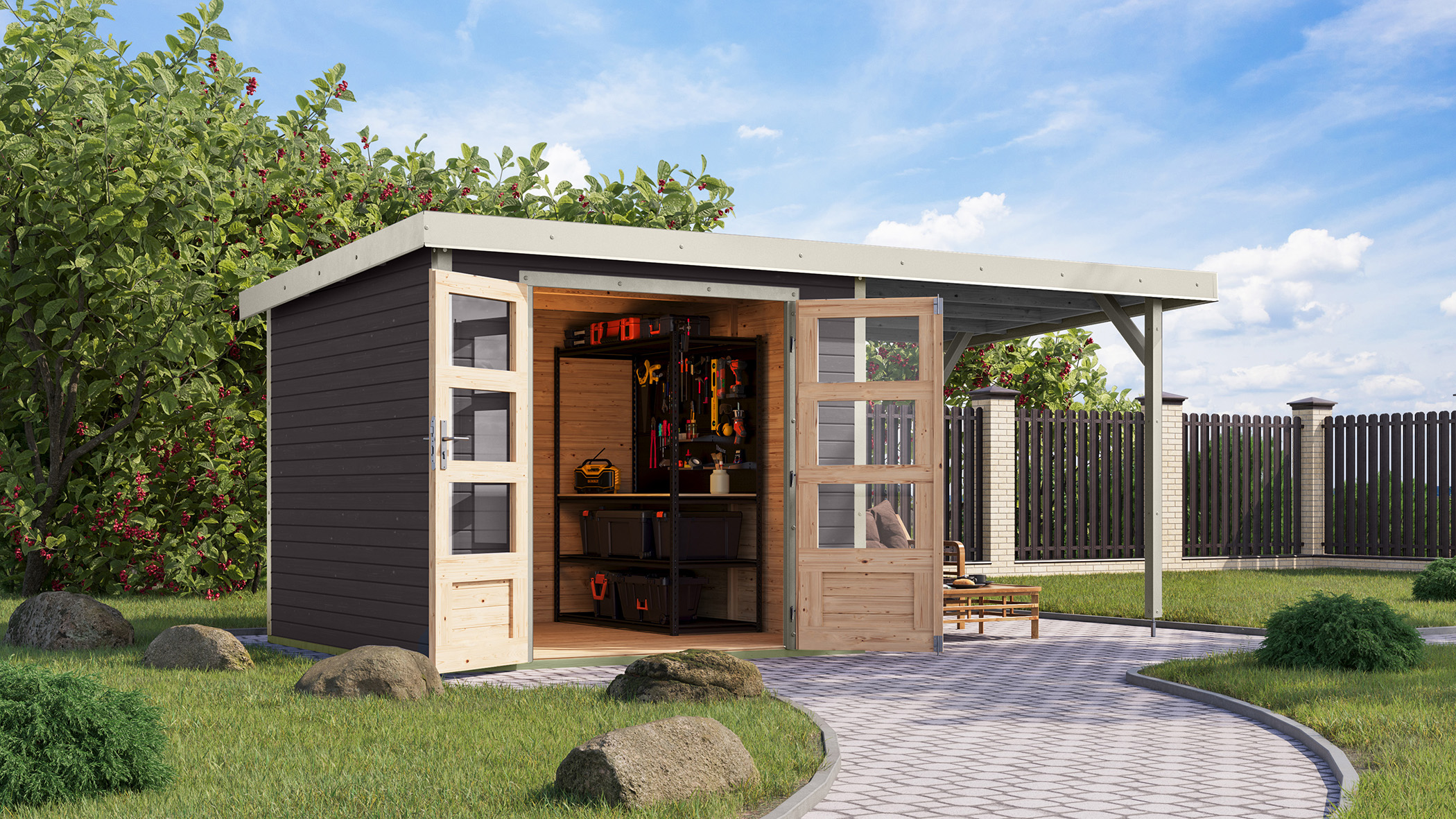 Jupiter 3,5 B terragrau mit 2,35m Anbaudach / Metall: weiß / Lagerabverkauf Jupiter 3,5 B terragrau mit 2,35m Anbaudach / Metall: weiß / Lagerabverkauf