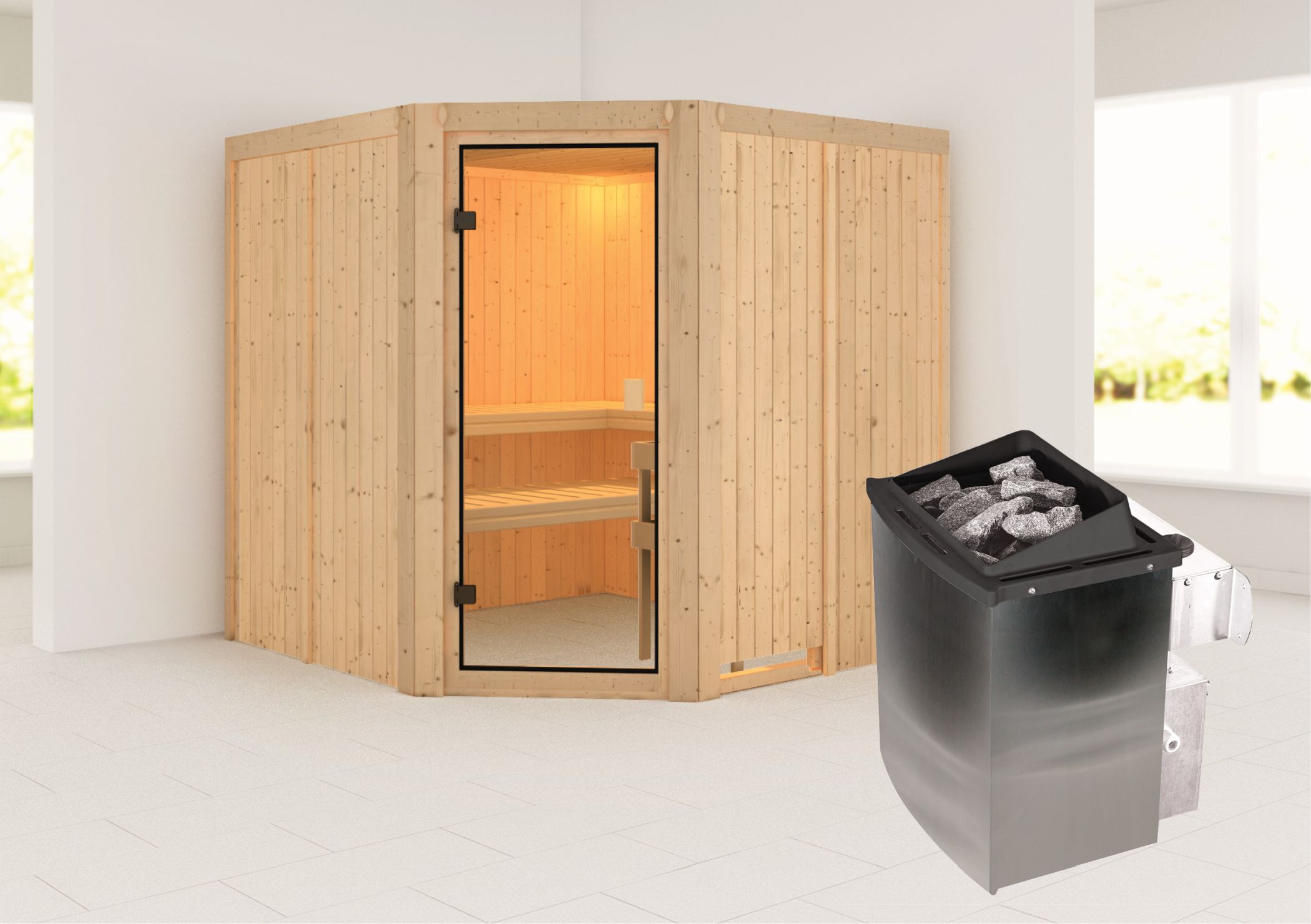 Außenansicht der Karibu Sauna Kotka aus nordischer Fichte mit Ganzglastür und Fronteinstieg