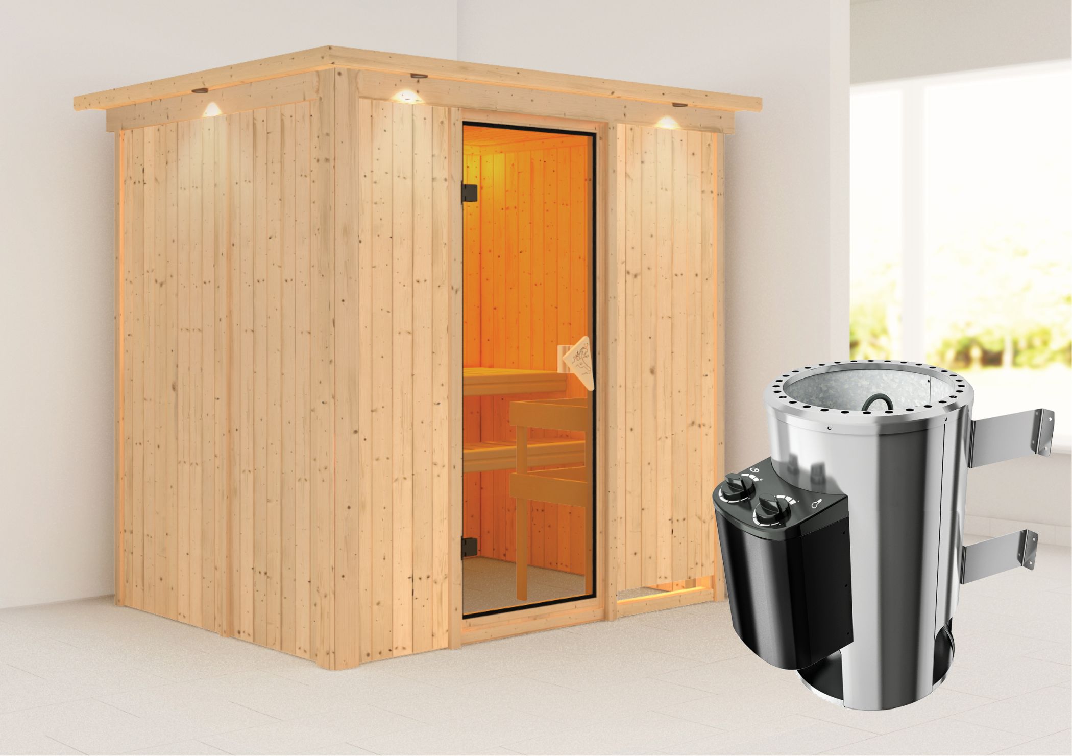 Außenansicht der Karibu Sauna Fanja aus nordischer Fichte mit bronzierter Ganzglastür und Fronteinstieg