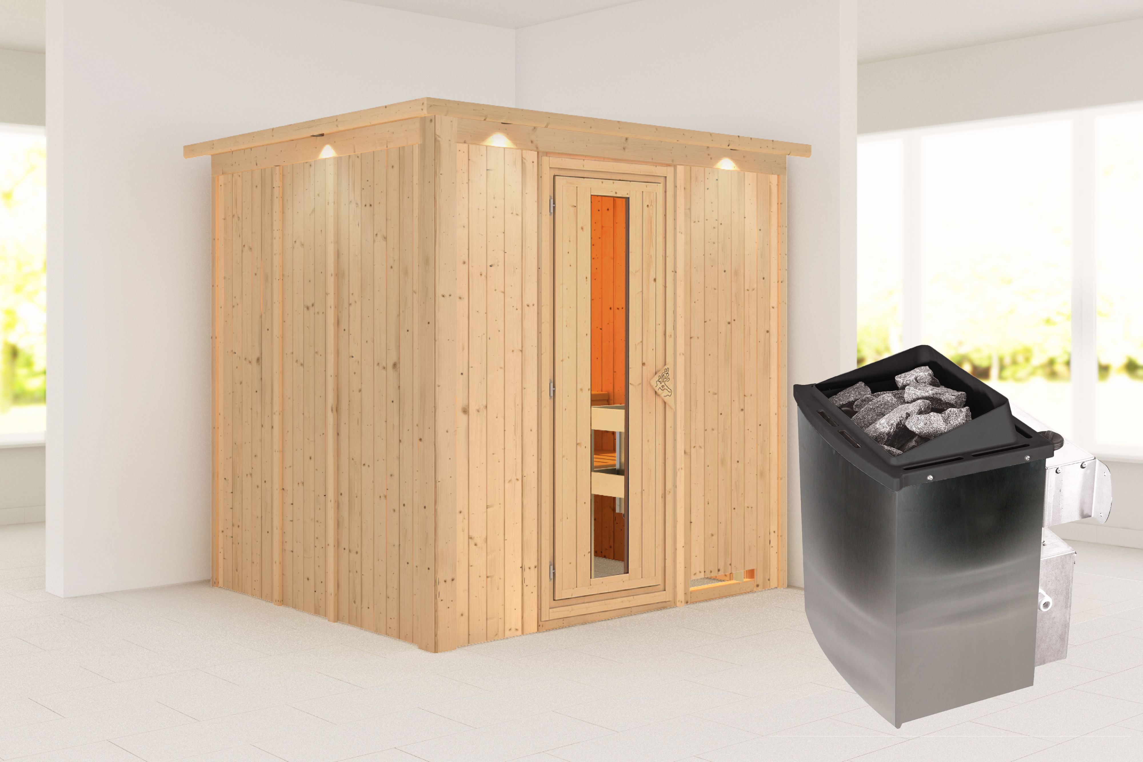 Außenansicht der Karibu Sauna Sodin aus nordischer Fichte mit isolierter Holztür und Fronteinstieg