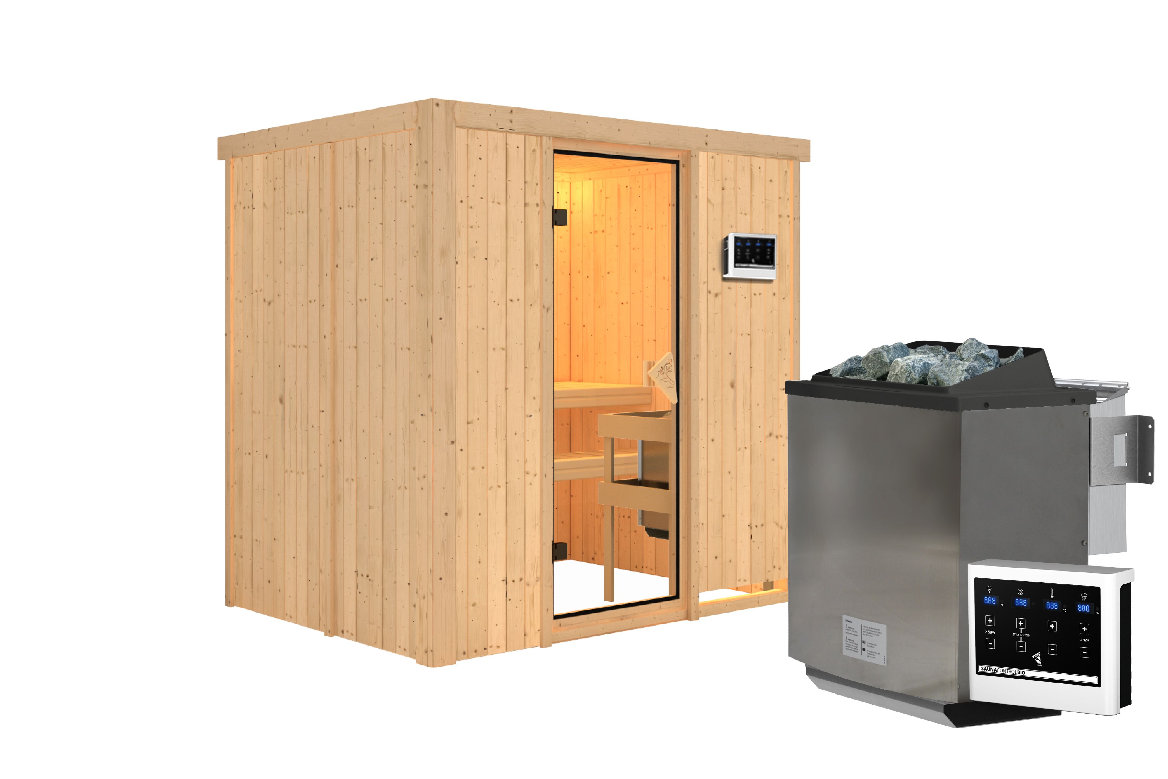 Innenansicht der Karibu Sauna Bodin mit Liegen und Kopfstütze aus hellem Espenholz