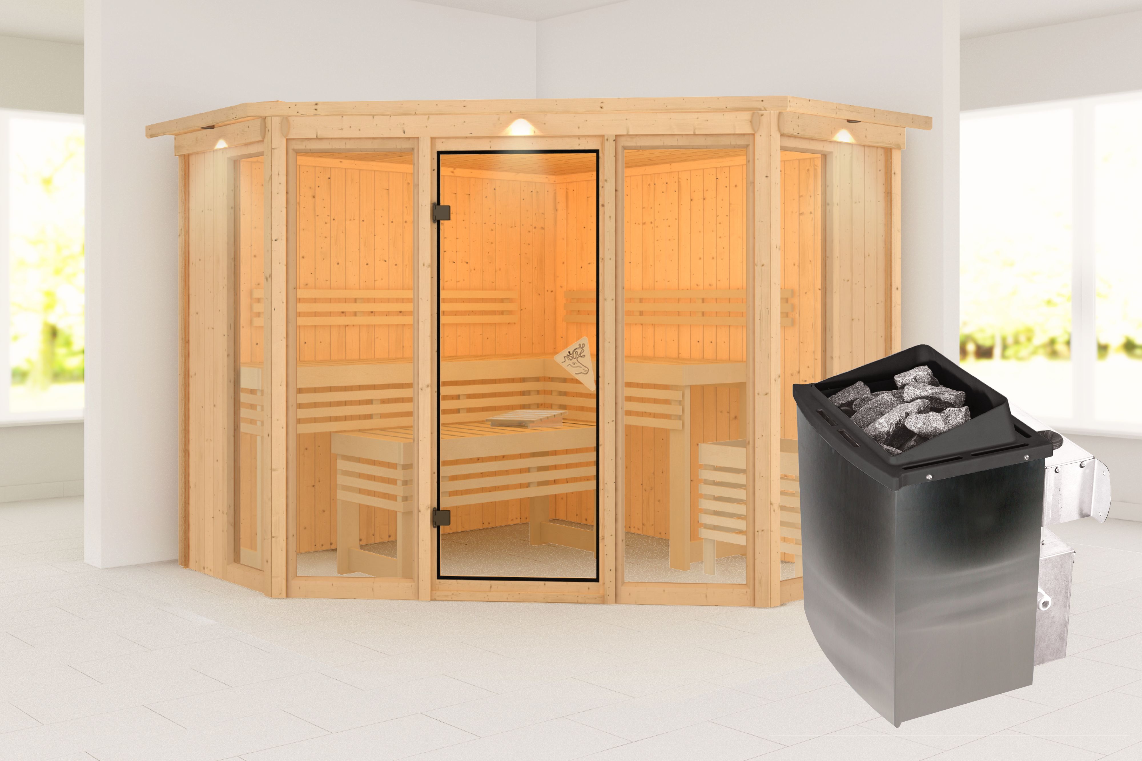 Außenansicht der Karibu Sauna Alcinda aus nordischer Fichte mit Ganzglastür und Fronteinstieg